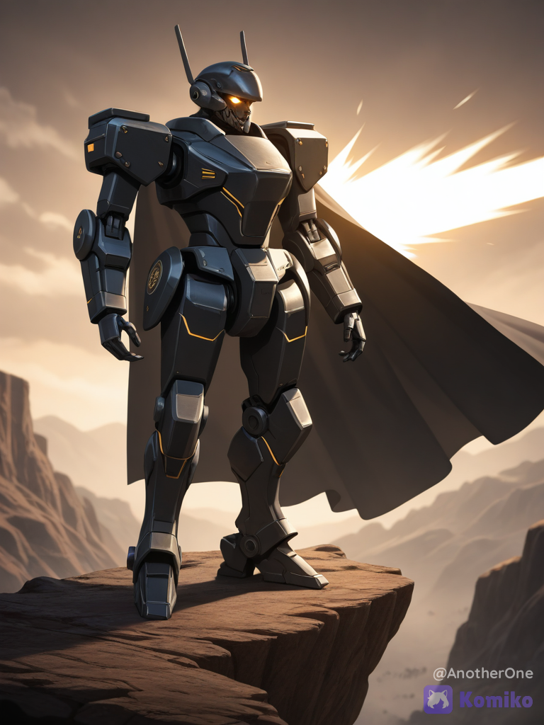 @kent-connor-Fi7J, A high-end manhwa illustration of a powerful male commander with sharp facial features, neat short black hair, and intense, glowing neon-amber eyes. He is wearing a sleek, futuristic-modern black military commander uniform with subtle gold trim and a flowing dark cape. He stands at the edge of a rocky cliff overlooking a vast fantasy battlefield, extending his arm forward to direct his troops. Behind him, rows of androids and armored mechs advance into battle. Chaotic energy ripples through the air, dramatic lighting, epic atmosphere, highly masterfully shaded anime style, photorealistic textures, masterwork, 8k resolution.