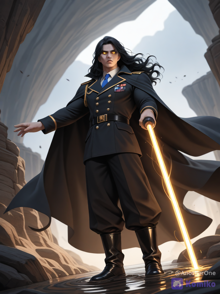 @kent-connor-Fi7J, A high-end manhwa illustration of a powerful male commander with sharp facial features, neat short black hair, and intense, glowing neon-amber eyes. He is wearing a sleek, futuristic-modern black military commander uniform with subtle gold trim and a flowing dark cape. He stands at the edge of a rocky cliff overlooking a vast fantasy battlefield, extending his arm forward to direct his troops. Behind him, rows of androids and mechs advance into battle. Chaotic energy ripples through the air, dramatic lighting, epic atmosphere, highly masterfully shaded anime style, photorealistic textures, masterwork, 8k resolution.