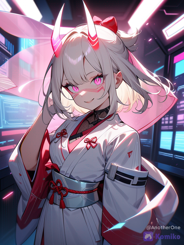 A vibrant, high-fidelity cyberpunk anime art style illustration of a friendly female oni bride. She has a bright, cheerful expression and glowing neon pink eyes. Sleek, holographic translucent horns rise from her silver-blonde hair. Her outfit is a high-tech bridal gown: a form-fitting white cyber-kimono made of reflective materials, accented with glowing neon-red light strips and circuits that resemble traditional Japanese knots. A transparent, high-tech veil floats slightly behind her. She is standing on a neon-lit futuristic rooftop garden under glowing Kanji signs and digital cherry blossom holograms. Dynamic neon lighting, rain-slicked pavement reflections, cyberpunk aesthetic, sci-fi elements, 8k resolution.
