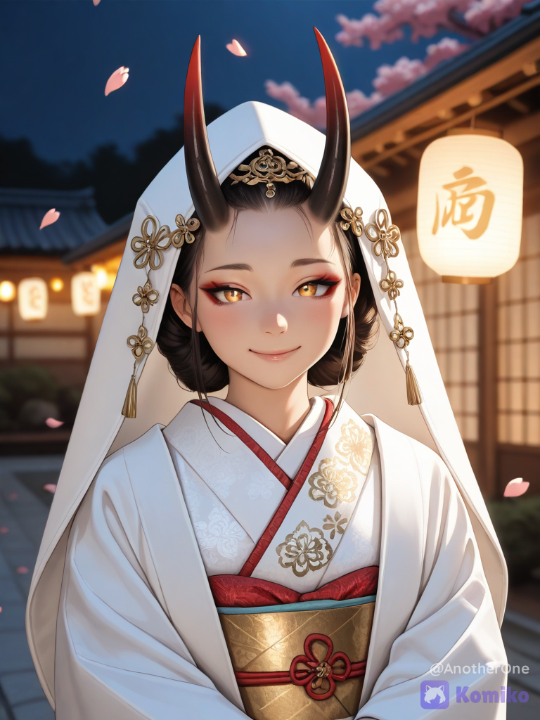 Intricate portrait of a friendly Japanese kijo oni bride, warm and gentle smile. She wears a lavish silk white-and-gold bridal uchikake kimono. Two sleek, polished black horns seamlessly emerge from her forehead. Background shows glowing paper lanterns in a serene twilight garden. Photorealistic, 8k resolution, cinematic lighting, dramatic depth of field.