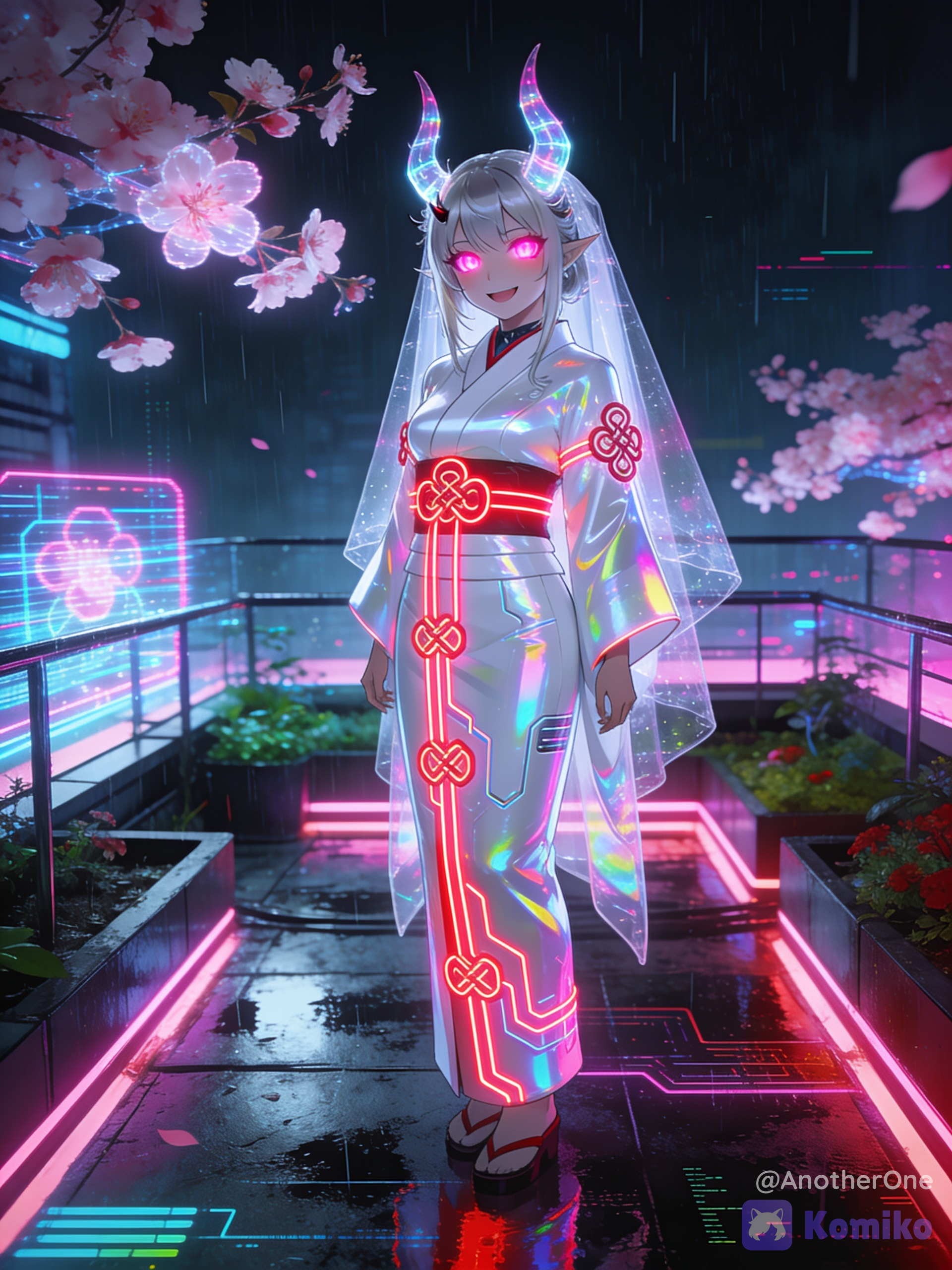 A vibrant, high-fidelity cyberpunk anime art style illustration of a friendly female oni bride. She has a bright, cheerful expression and glowing neon pink eyes. Sleek, holographic translucent horns rise from her silver-blonde hair. Her outfit is a high-tech bridal gown: a form-fitting white cyber-kimono made of iridescent reflective materials, accented with glowing neon-red light strips and circuits that resemble traditional Japanese knots. A transparent, high-tech veil floats slightly behind her. She is standing on a neon-lit futuristic rooftop garden under glowing digital cherry blossom holograms. Dynamic neon lighting, rain-slicked pavement reflections, cyberpunk aesthetic, sci-fi elements, 8k resolution., [cyberpunk-style]