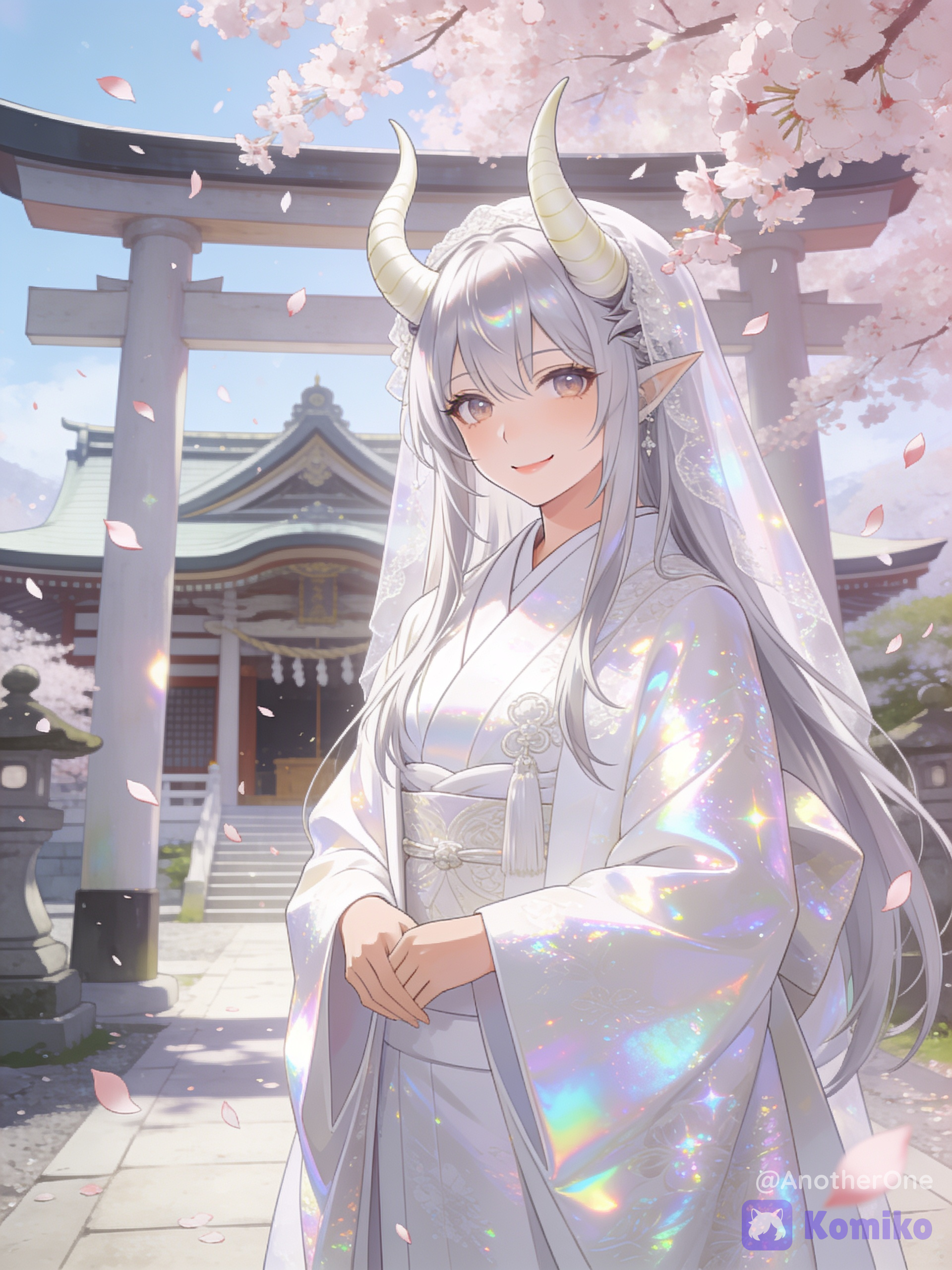 Beautiful friendly female oni bride, gentle smiling expression, soft eyes, wearing a traditional white shiromuku wedding kimono. Elegant smooth curving ivory horns protruding from her long silver hair. Standing under falling cherry blossoms near a peaceful shinto shrine. Soft pastel lighting, intricate fabric textures, high-quality anime illustration key visual., [iridescent-style]