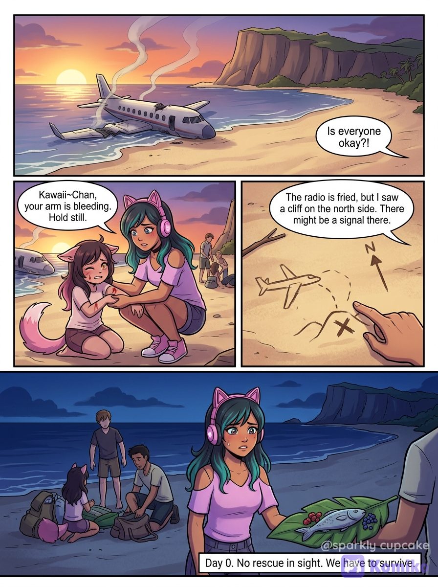<dominant-panel> About aphmau being trapped on an island with her friends for an entire month will they die or survive find out on this comic series
