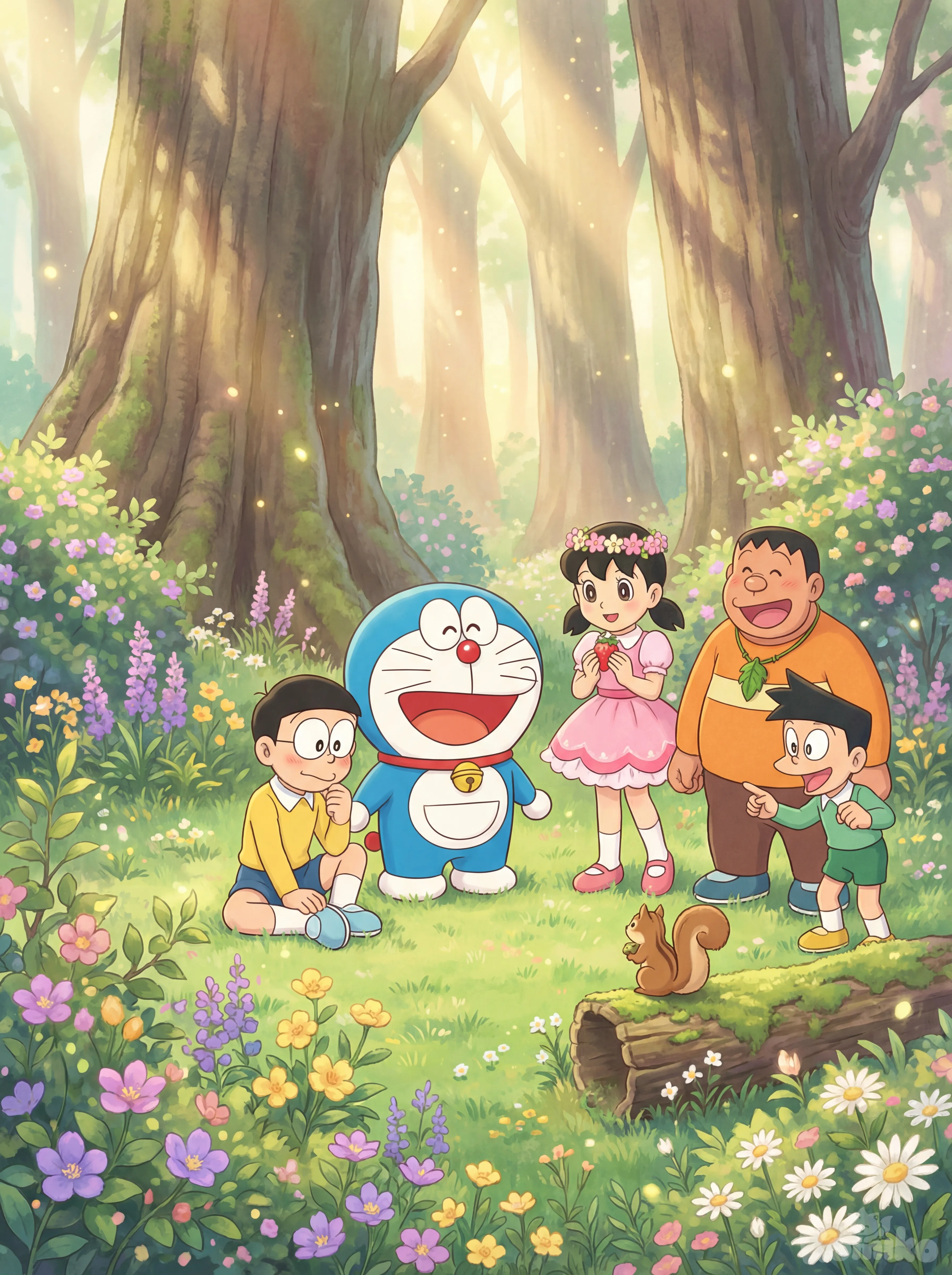 A magical spring forest scene in Doraemon anime style, featuring Doraemon and Nobita with their childhood friends sitting together on soft green grass surrounded by colorful wildflowers, daisies, and blooming plants. Doraemon in his classic blue body with red nose and bell collar, smiling brightly. Nobita wearing his yellow shirt and blue shorts, sitting shyly near Doraemon. Shizuka in a pink frilly dress with a flower crown, holding a strawberry and smiling sweetly. Gian wearing an orange shirt with a leaf necklace, cheerful expression. Suneo in a green outfit, playful pose. A small cute forest animal near them. 

Environment: large ancient trees with thick trunks, sun rays filtering through leaves, soft glowing particles floating in the air, dreamy depth of field, vibrant spring colors, lush green grass, purple and yellow flowers in the foreground. 

Lighting: warm golden sunlight mixed with cool forest shade, soft highlights on characters, cinematic glow, gentle shadows. 

Style: high-quality anime illustration, soft painterly textures, clean line art, pastel color palette, whimsical and nostalgic mood, storybook fantasy atmosphere. 

Composition: low-angle wide shot, characters centered in a semi-circle, flowers framing the bottom, towering trees framing the background, strong depth and layering. 

Quality: ultra-anime artwork, smooth shading, vibrant but soft tones, magical childhood nostalgia, no text, no watermark, no logos., anime style