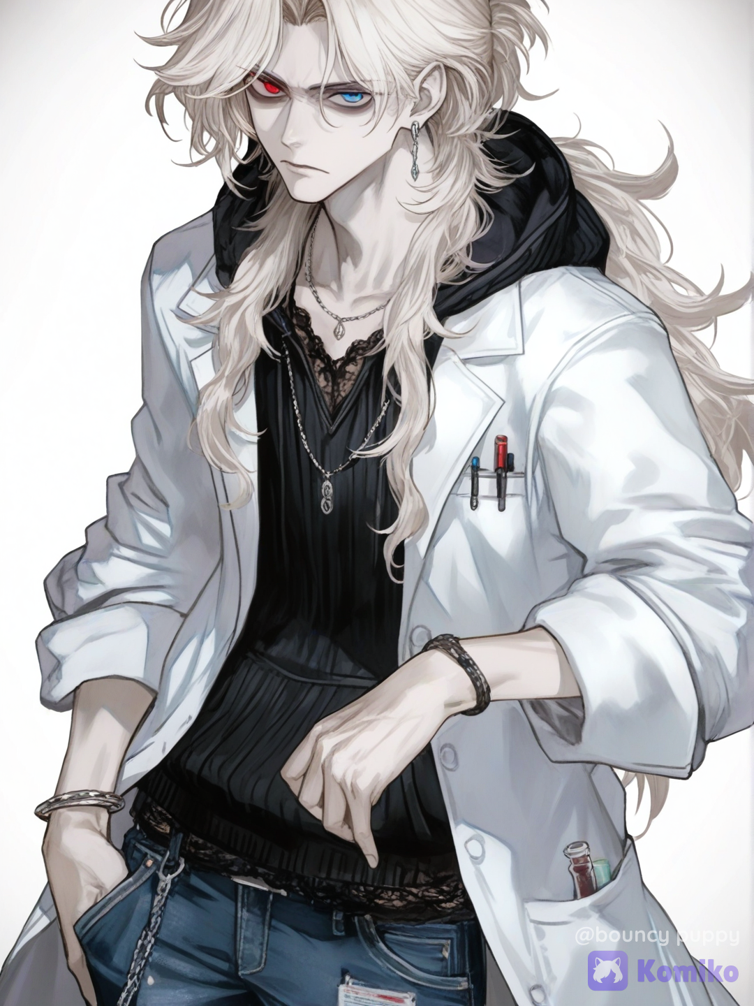 [vibrant-anime-male-style], 1boy, mature, slim, petite, off-white hair, long hair, blue eyes, red eyes, pale skin, fair skin, hoodie, lab coat, jeans, lace, jewelry