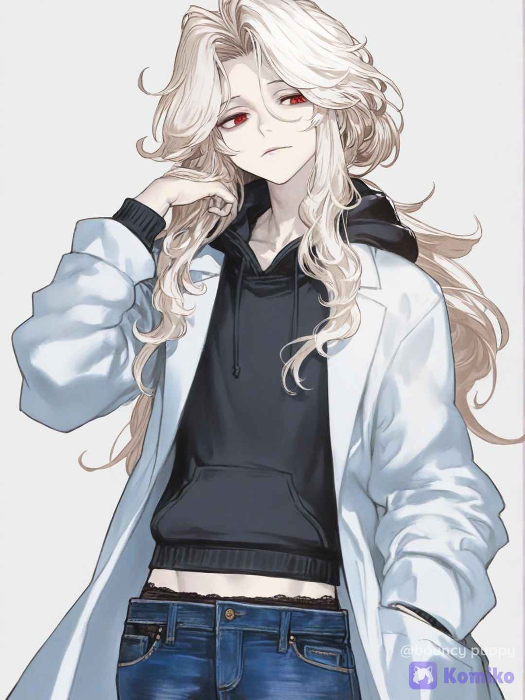 [vibrant-anime-male-style], 1boy, mature, slim, petite, off-white hair, long hair, blue eyes, red eyes, pale skin, fair skin, hoodie, lab coat, jeans, lace, jewelry