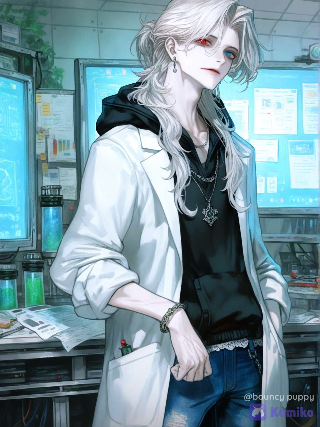 [vibrant-anime-male-style], 1boy, mature, slim, petite, off-white hair, long hair, blue eyes, red eyes, pale skin, fair skin, hoodie, lab coat, jeans, lace, jewelry