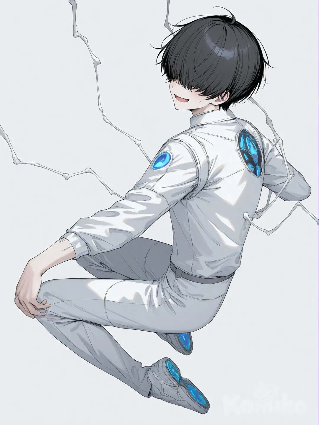 1boy,man [soft-pastel-style], technology skill,hair over eyes, two tune hair, spider hand in the back, futuristic outfit,pose Hero,fang,web spider, full body, simple background