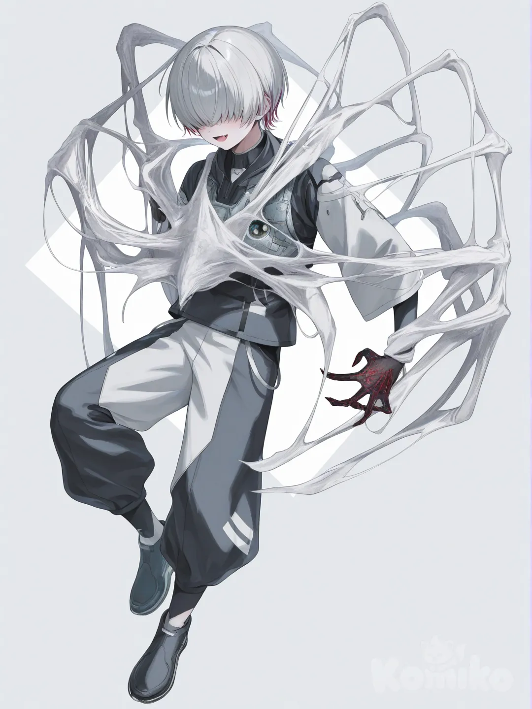 1boy,man [soft-pastel-style], technology skill,hair over eyes, two tune hair, spider hand in the back, futuristic armor outfit,pose Hero,fang,web spider, full body, simple background , floating web