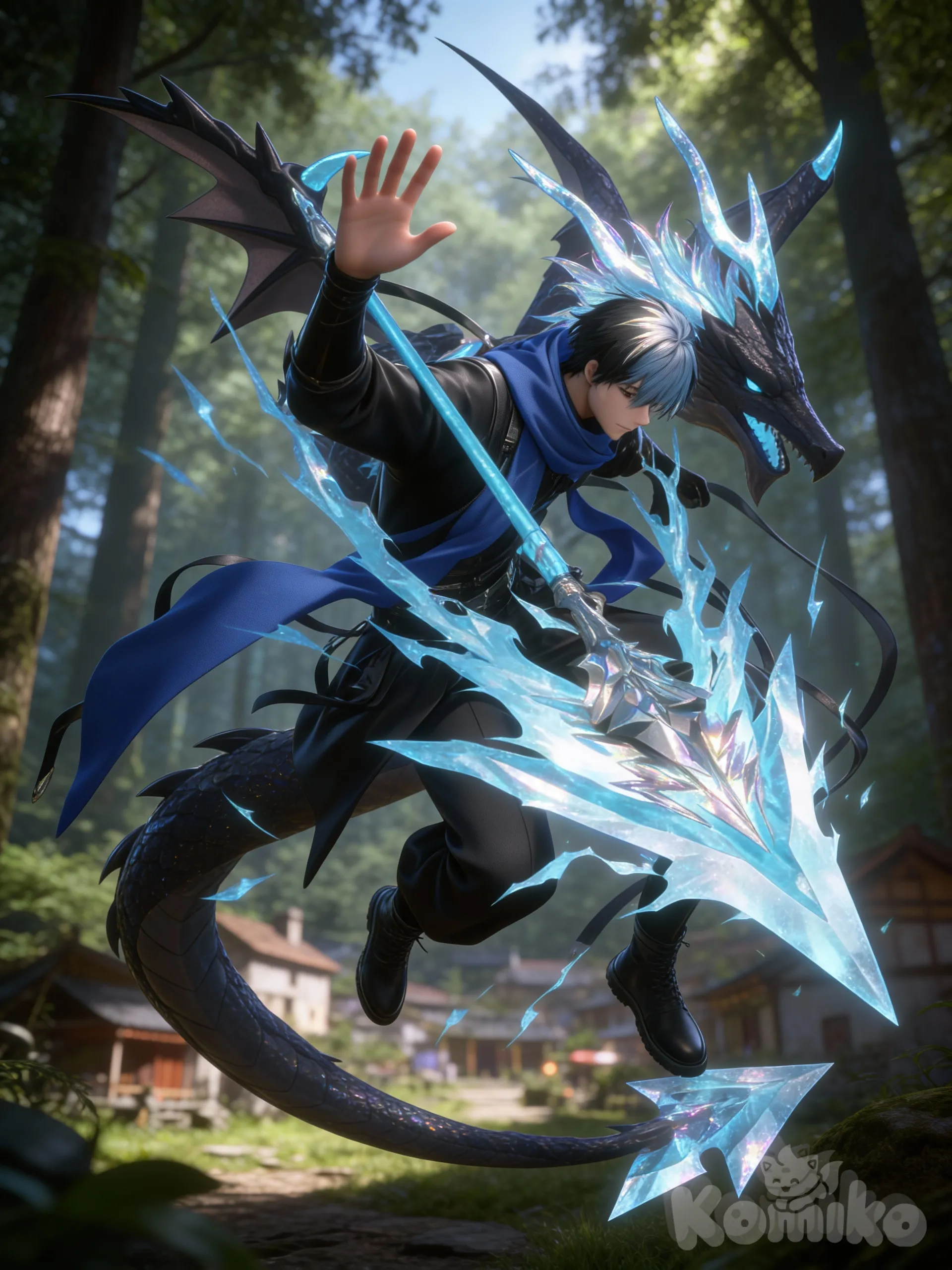 waving, forest, villageul,dinamic pose, [iridescent-style]Hd,3d,1boy, hyper realism man, hyper realistic skin texture, @ryuki-XQS5