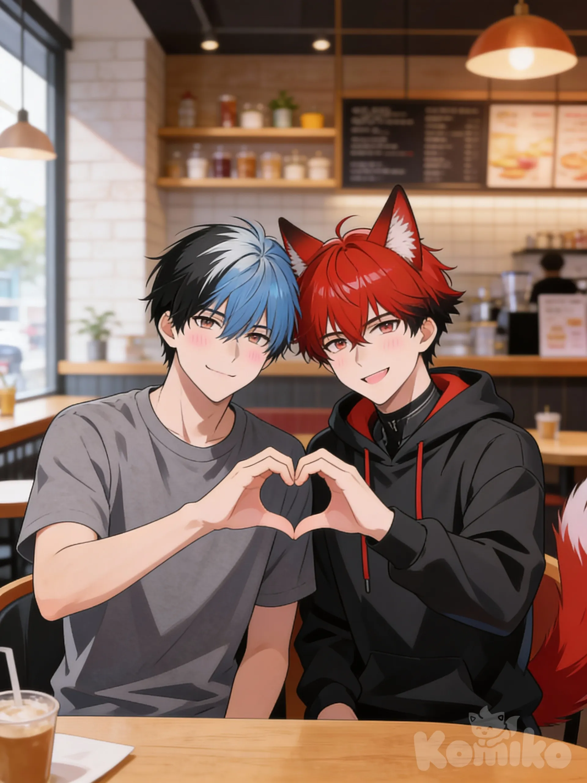 @ryuki-XQS5, 2boys, @zephyr-kai-HNOo, upper body, heart hands, t-shirt, hoodie, cafe, 2people, smirk, blush