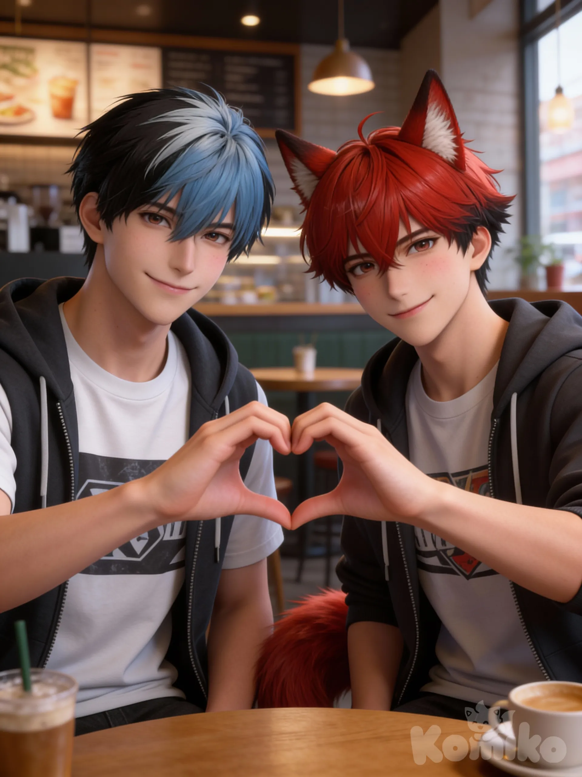 @ryuki-XQS5, 2boys, @zephyr-kai-HNOo, upper body, heart hands, t-shirt, hoodie, cafe, 2people, smirk, blushHd,3d,1boy, hyper realism man, hyper realistic skin texture