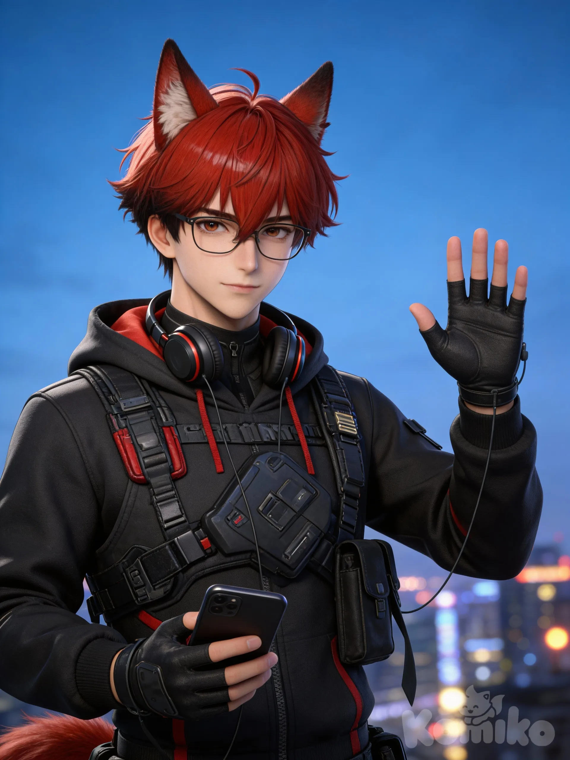 waving, holding phone, headphone, hoodie, upper body, city lights, blue sky, eye glass,Hd,3d,1boy, hyper realism man, hyper realistic skin texture, @zephyr-kai-HNOo