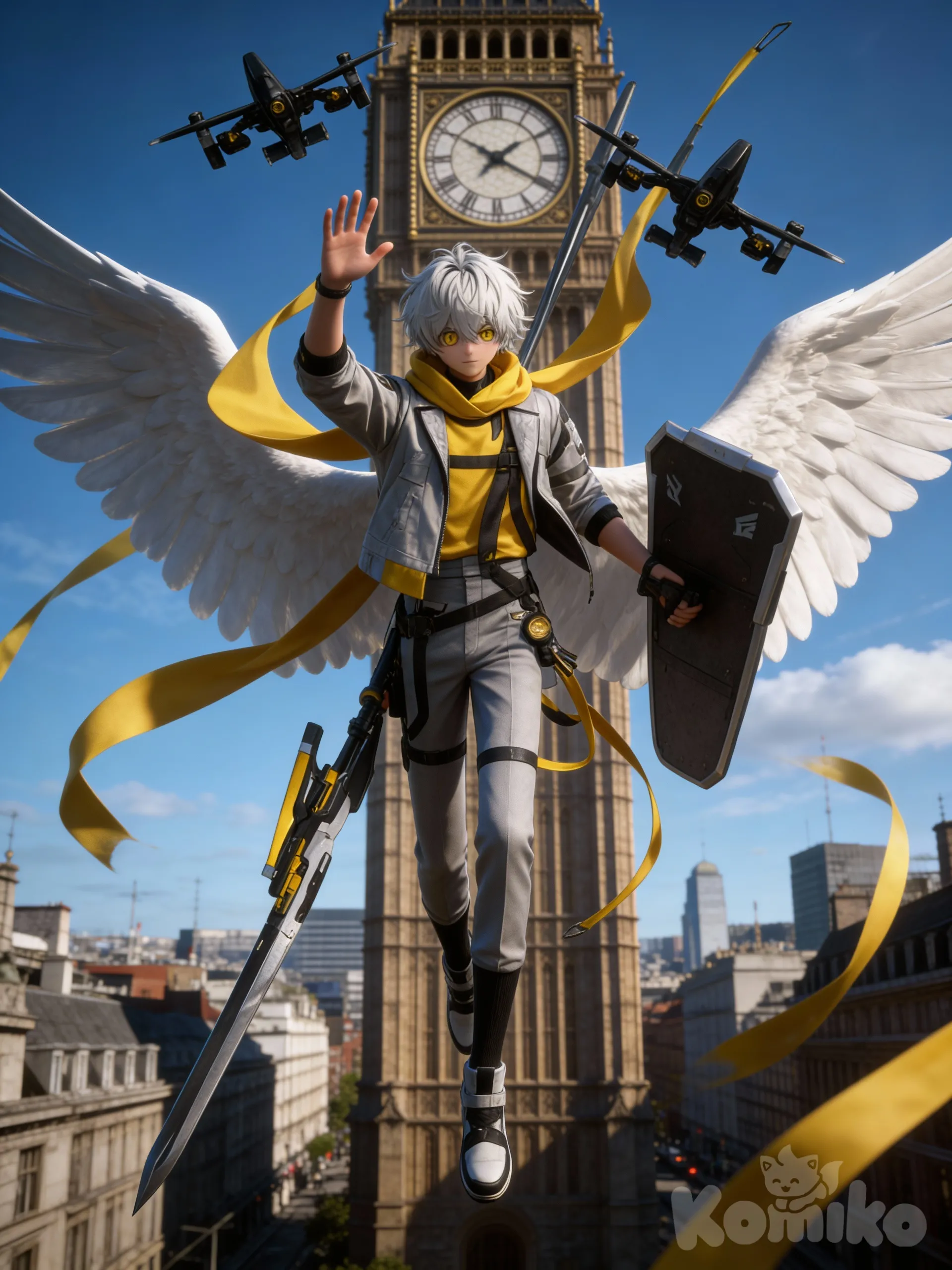 @zephyr-kai-Pq3x, waving, floating,Attack, portrait, cityscape, clock tower, blue sky,Hd,3d,1boy, hyper realism man, hyper realistic skin texture