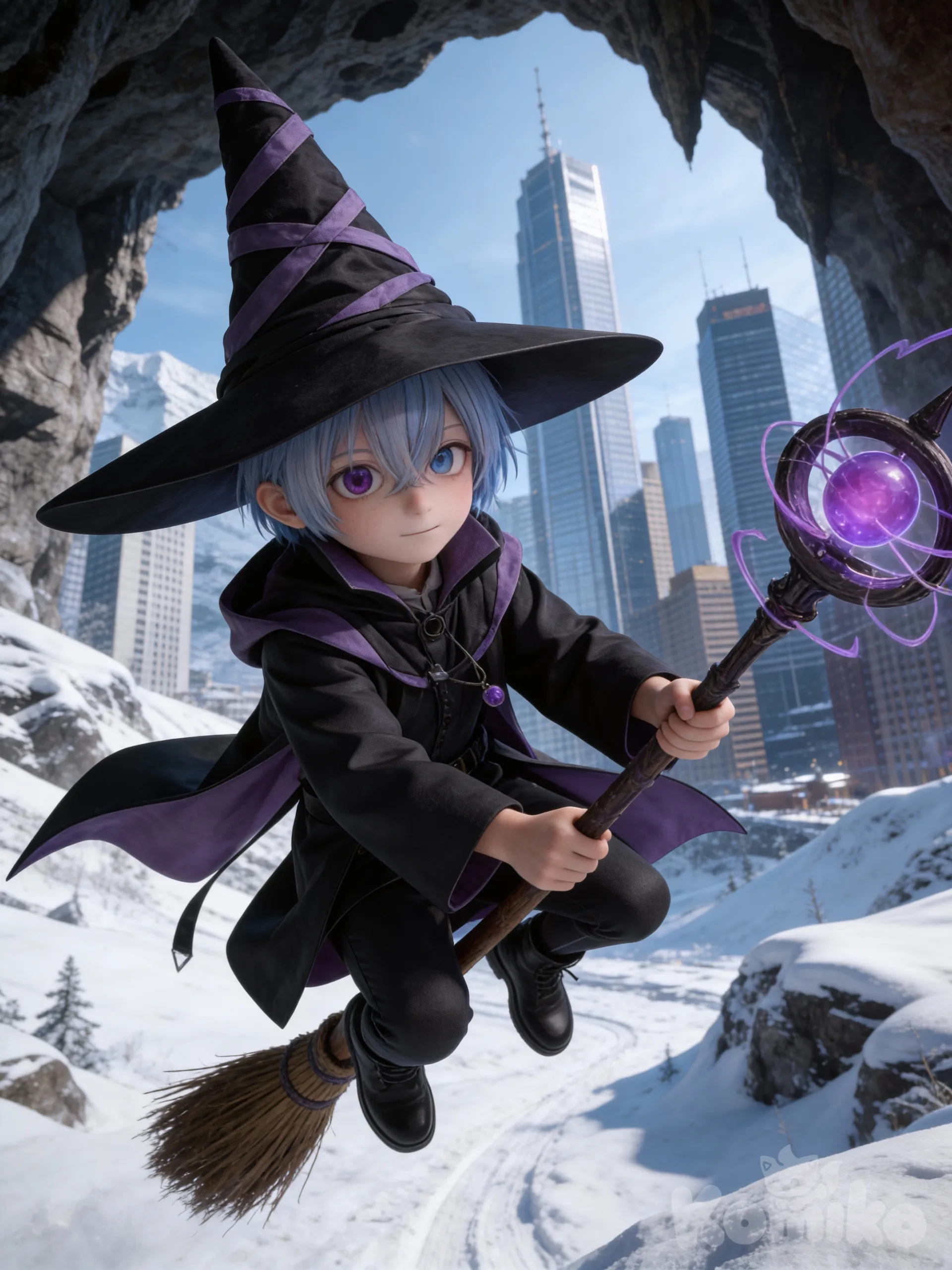 @kael-vortex-4DMc,Hd,3d,1boy, hyper realism man, hyper realistic skin texture, upper body, portrait,Ride a broomstick, dinamic pose, perspective pose shoot, snowy, skyscraper, cave