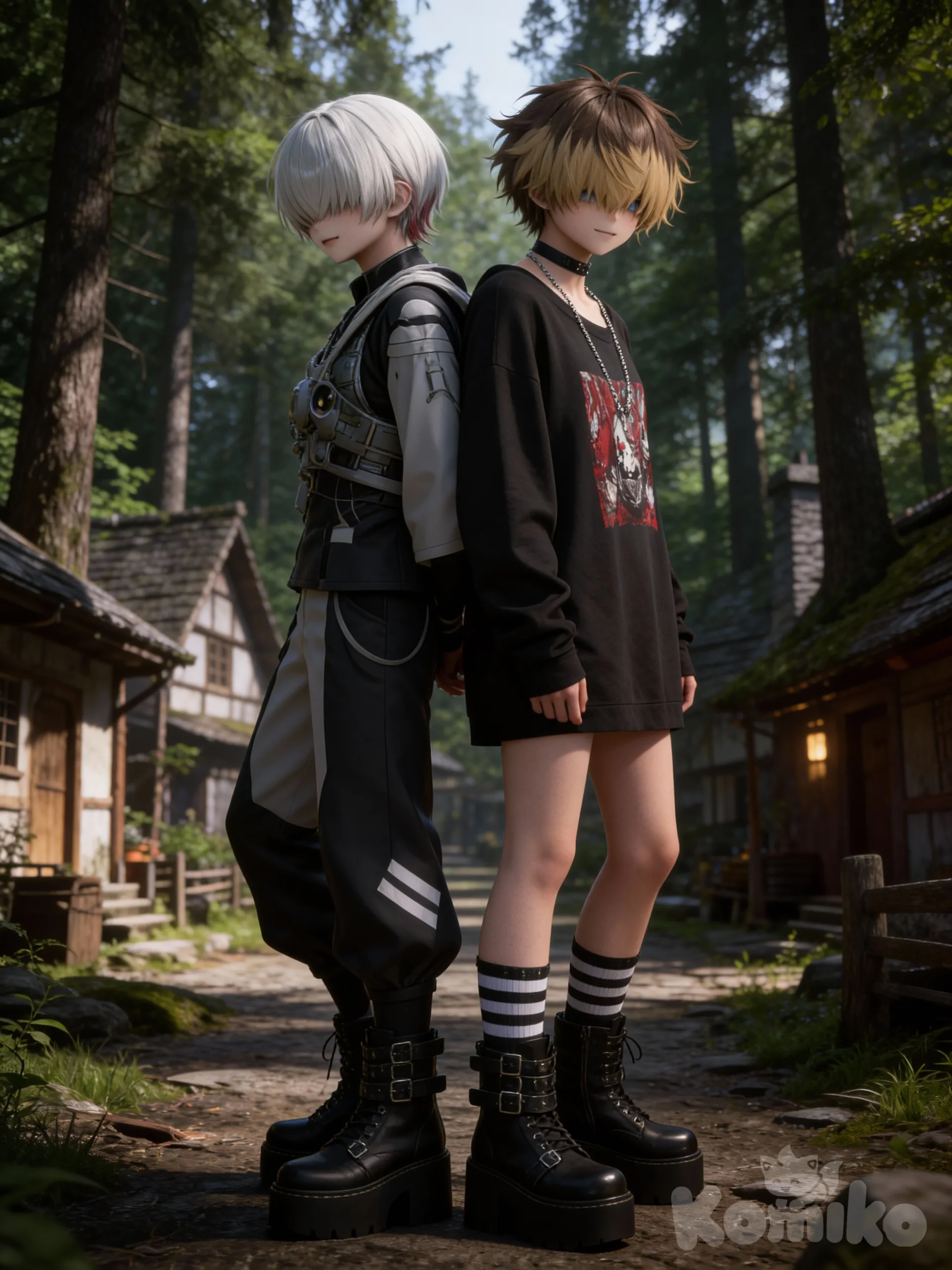 2boys, @kael-voss-mUa2, @kai-fgdr, back to back, portrait, cinematic lighting, forest, village, Hd,3d,1boy, hyper realism man, hyper realistic skin texture