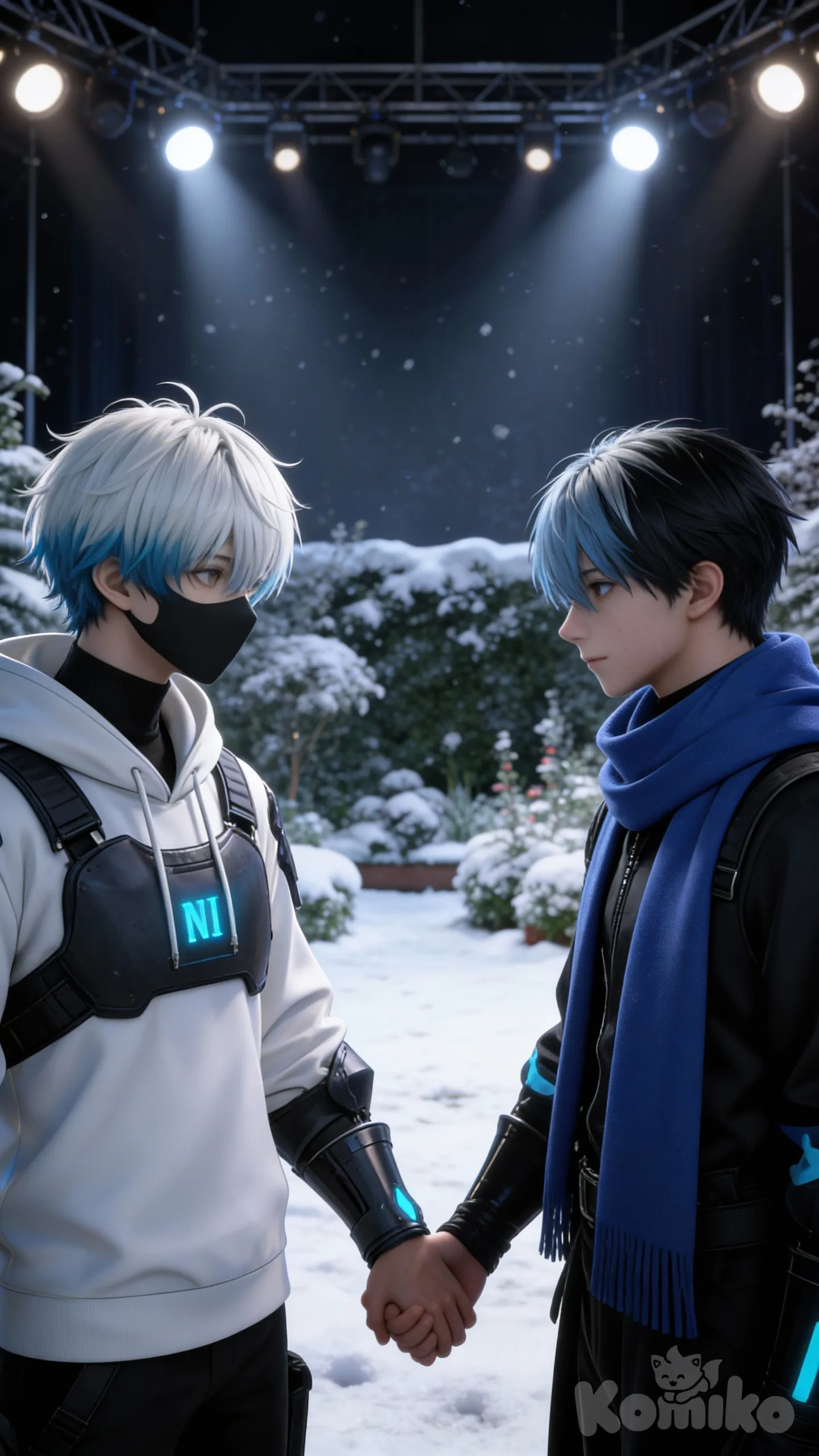 2boys, holding hands, stage light, snowy, garden, @uin-bZPV, @ryuki-XQS5, portrait, upper body,Hd,3d,1boy, hyper realism man, hyper realistic skin texture