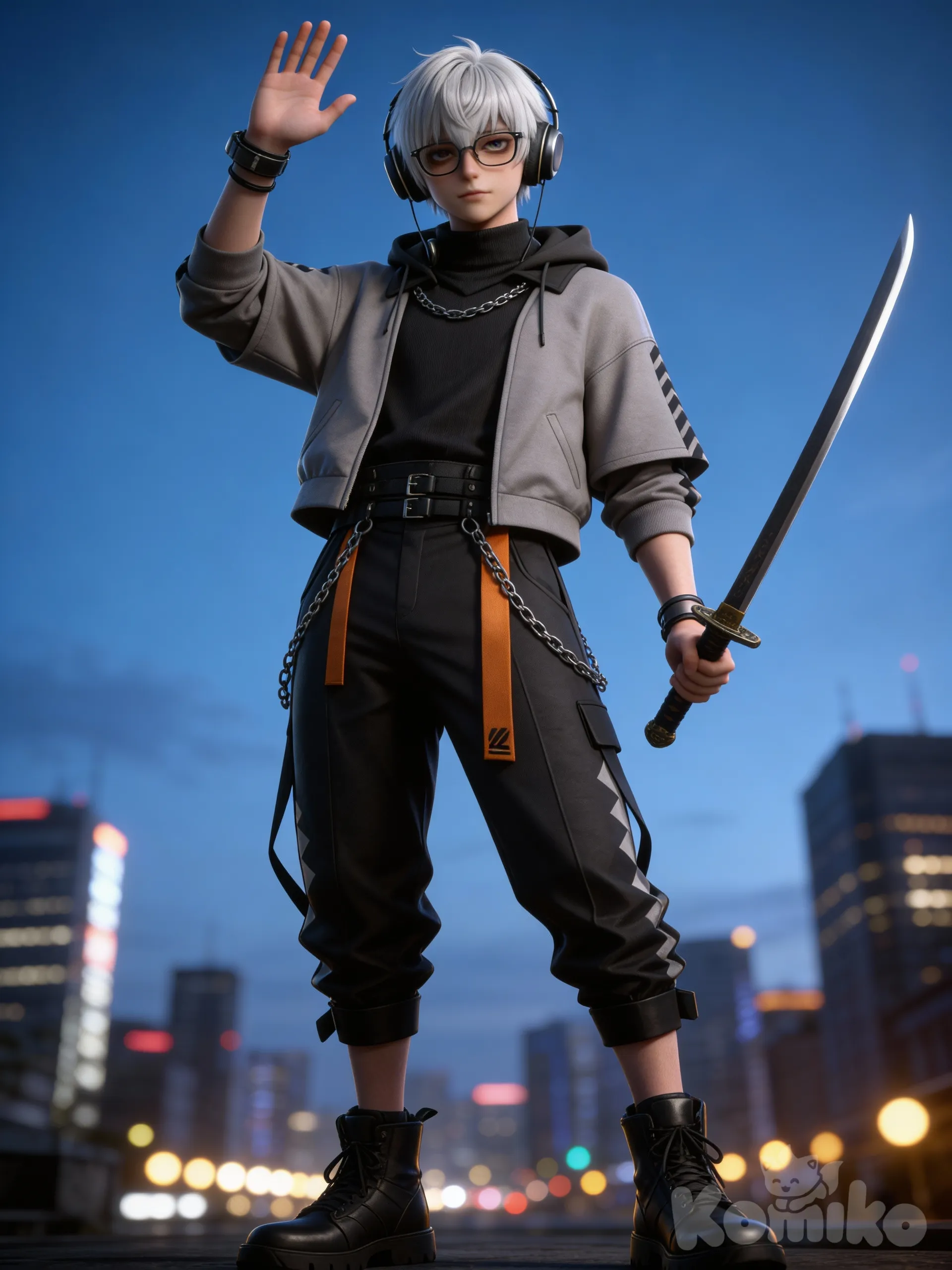 waving, holding sword, headphone, hoodie, upper body, city lights, blue sky, eye glass,Hd,3d,1boy, hyper realism man, hyper realistic skin texture, @Kadoc_Zemlupus