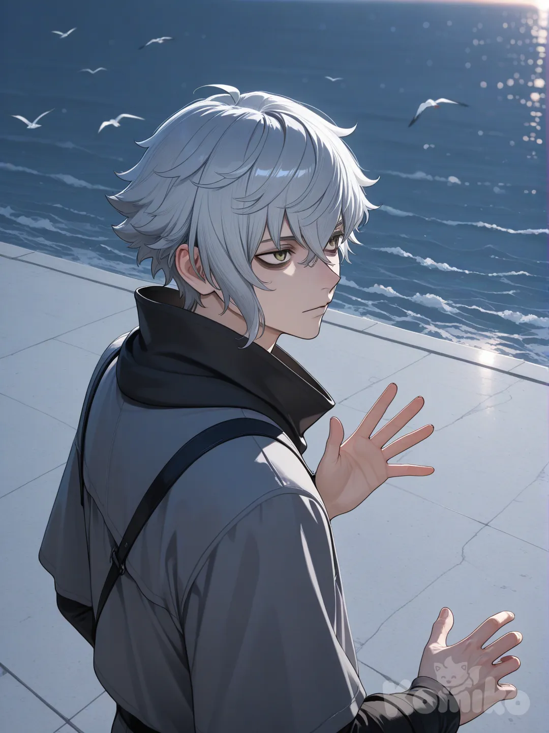 Kadoc Zemlupus,Hd,3d,1boy, hyper realism man, hyper realistic skin texture, waving, looking away, bird's-eye view, side light, floating