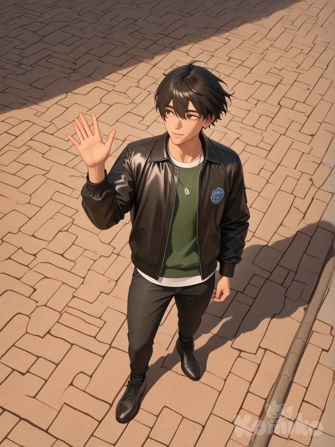 Hd,3d,1boy, hyper realism man, hyper realistic skin texture, waving, looking away, bird's-eye view, side light, floating hair, midori-voss-aMSR