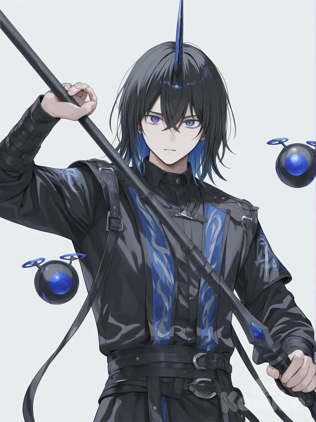 [soft-pastel-style],1boy, holding spear archer,floating,one horn, plasma skill,drone Hunter, skills, hair corn, fantasy outfit, action pose Simple background , [soft-pastel-style], upper body, looking at viewer , simple background