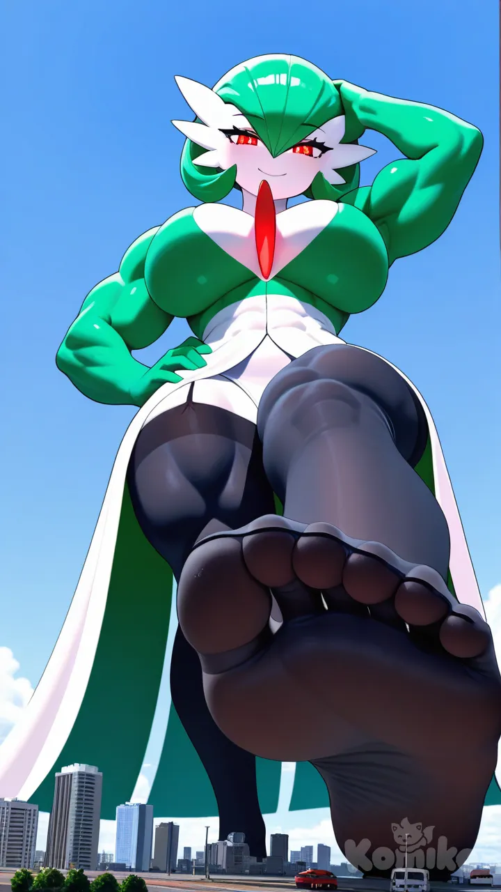 giantess, Gardevoir, massive muscles, huge veiny biceps, huge muscular legs, looking at viewer with glowing red eyes, seductive smile and bedroom eyes, her massive stockinged foot hovers over the viewer's face, viewer pov