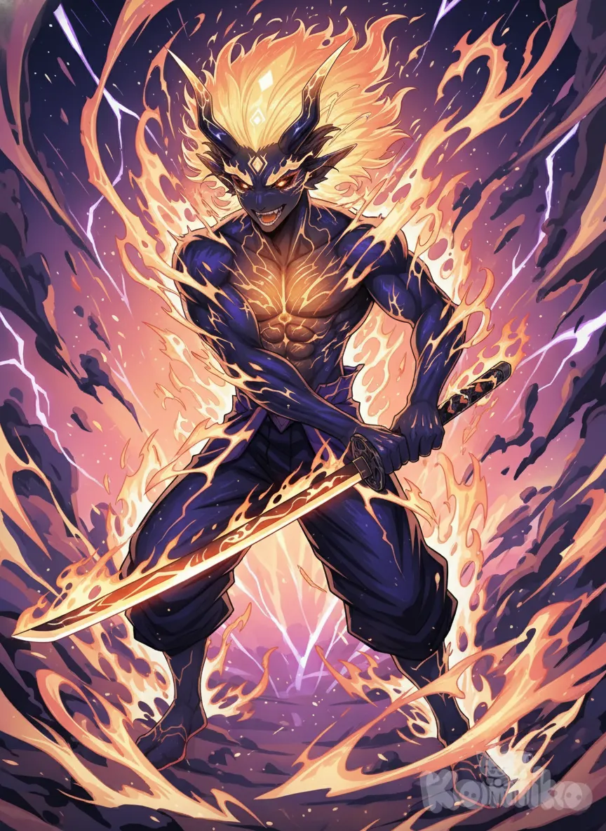 <raijin3-pkGd>, holding sword, full body, dark flame, anime style