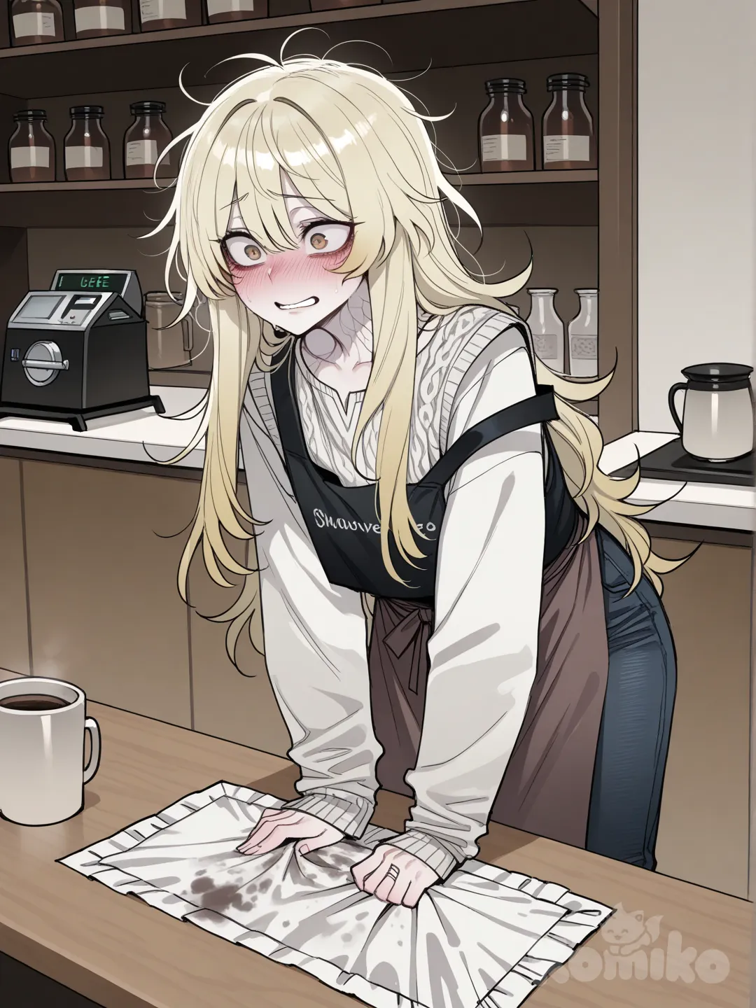 In ratatat74 art style: @anastasia-KnuR stands behind the café counter, frozen mid-movement, as if time stopped the second she realized what was happening.
She’s wearing her light-colored café apron, slightly wrinkled, tied a bit too loosely at the waist. One strap has slipped just a little off her shoulder, unnoticed. There’s a faint coffee stain near the lower edge of the apron—evidence of a long, unlucky shift. Underneath, she wears a simple sweater, sleeves pulled down over her hands in a subconscious attempt to hide.
Her expression is the heart of the scene.
Her eyes are wide, light-colored and glossy, caught between shock and panic. Her eyebrows are raised just slightly, not dramatically—more like someone who didn’t have time to prepare for good news. Her lips are parted as if she was about to speak and forgot how. There’s a soft flush spreading across her cheeks, uneven and real, the kind that comes from sudden nerves rather than confidence.
She looks fragile in this moment. Not weak—just exposed.
One hand clutches the edge of the counter, fingers tense, knuckles pale. The other grips the hem of her apron, twisting the fabric unconsciously. Her posture leans forward a fraction, like she’s trying to make sure this is real, like if she stands too straight it might disappear.