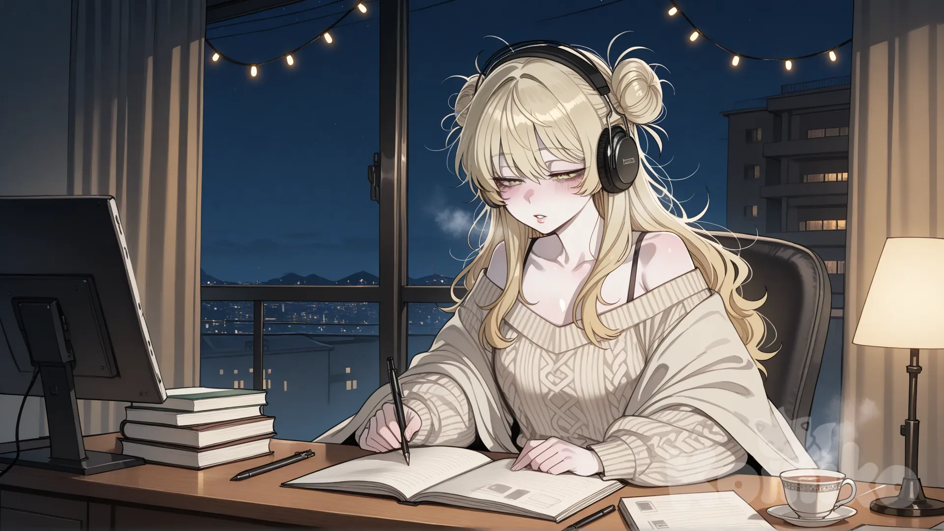 In ratatat74 art style: Scene: Small apartment, night, @anastasia-KnuR softly singing to herself while studying. Fairy lights cast warm light.
Expression: Calm, content, slightly melancholic, eyes half-closed, lips moving softly.
Posture: Sitting cross-legged at a desk, pen in hand, notebook open. Shoulders relaxed but slightly slumped.
Clothing: Cozy sweater and sweatpants, hair loose, a faint messy bun.
Surroundings: Tea cup steaming, open notebooks, headphones nearby, soft blanket draped over chair.
Mood: Intimate, tender, quietly happy, but with lingering loneliness.