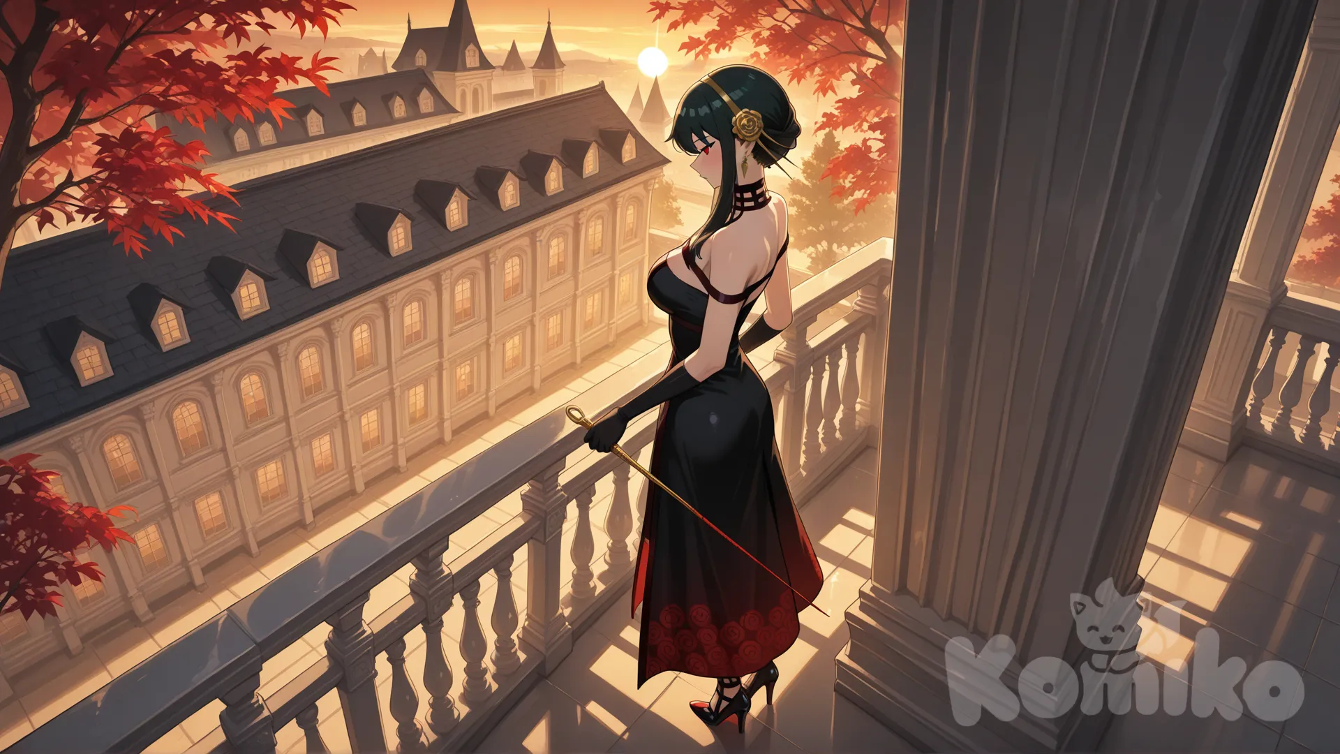 Yor Briar
#looking at viewer #full body#,
#view from above
#big boobs
red hot dress(the dress is a Off-the-shoulder dress with no shoulder straps) with black rose flower pattern, black long gloves with gold border and flame wave pattern.
Carrying a rapier sword(has a black blade and a sharp edge that was as red as blood.) at the waist
The red high heels are shiny, as if they were made from ruby, and have black patterns on the edges.
On the bone-white marble balcony on the upper floor of a luxurious French-style mansion, white with a charcoal-colored roof.
Standing and looking at the view of the blood-black rose garden below
Evening view , In the middle of a garden full of maple trees with red leaves
,day ,side profile photo , relaxed, anime style ,
look like a leader and cool women
cold eyes
Evening sunlight,
Evening sunset