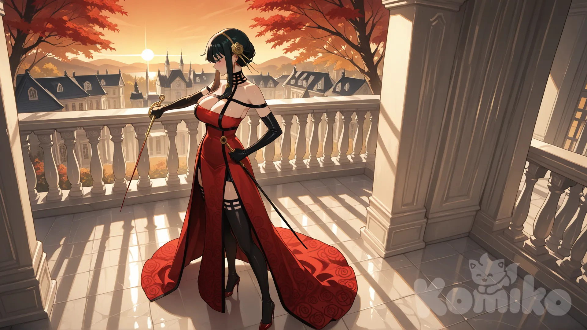 Yor Briar
#looking at viewer #full body#,
#view from above
#big boobs
red hot dress(the dress is a Off-the-shoulder dress with no shoulder straps) with black rose flower pattern, black long gloves with gold border and flame wave pattern.
Carrying a rapier sword(has a black blade and a sharp edge that was as red as blood.) at the waist
The red high heels are shiny, as if they were made from ruby, and have black patterns on the edges.
On the bone-white marble balcony on the upper floor of a luxurious French-style mansion, white with a charcoal-colored roof.
Standing and looking at the view of the blood-black rose garden below
Evening view , In the middle of a garden full of maple trees with red leaves
,day ,side profile photo , relaxed, anime style ,
look like a leader and cool women
cold eyes
Evening sunlight,
Evening sunset