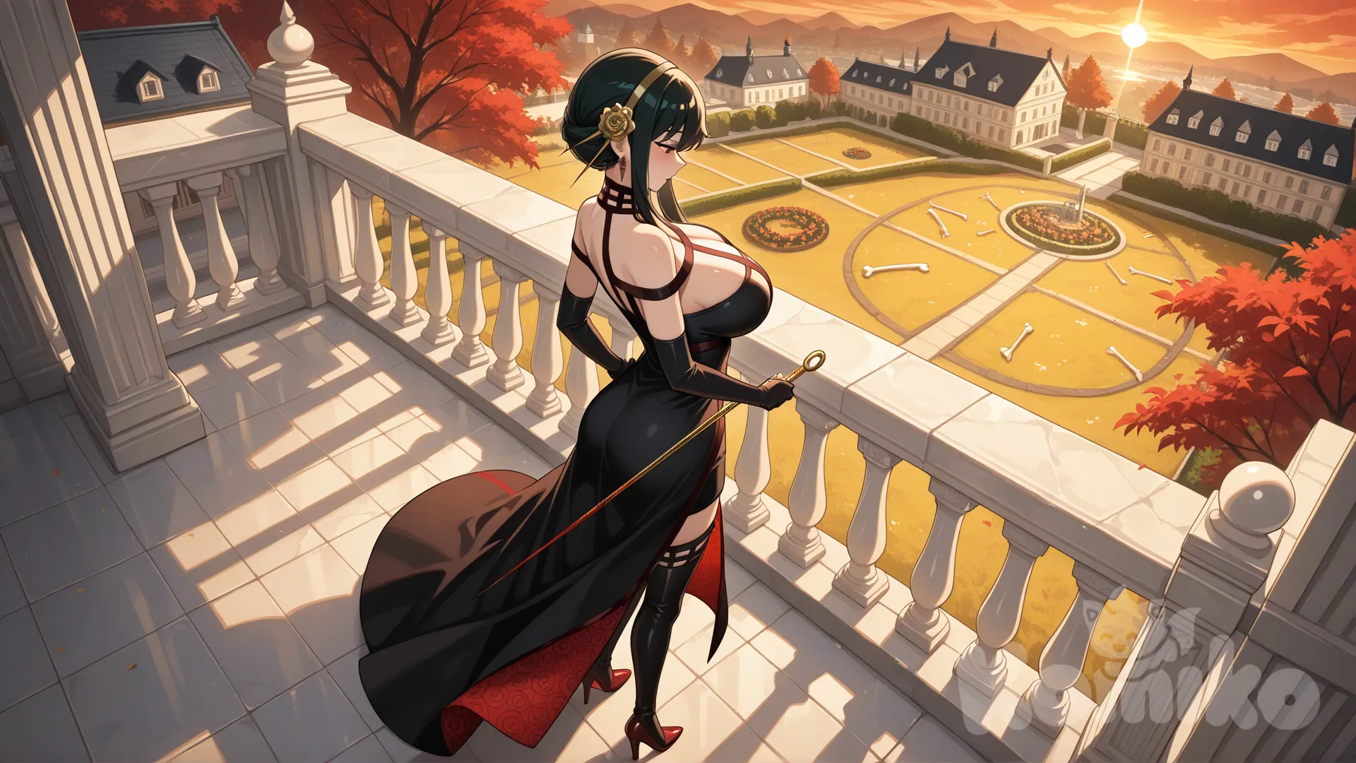 Yor Briar
#looking at viewer #full body#,
#view from above
#big boobs
red hot dress(the dress is a Off-the-shoulder dress with no shoulder straps) with black rose flower pattern, black long gloves with gold border and flame wave pattern.
Carrying a rapier sword(has a black blade and a sharp edge that was as red as blood.) at the waist
The red high heels are shiny, as if they were made from ruby, and have black patterns on the edges.
On the bone-white marble balcony on the upper floor of a luxurious French-style mansion, white with a charcoal-colored roof.
Standing and looking at the view of the blood-black rose garden below
Evening view , In the middle of a garden full of maple trees with red leaves
,day ,side profile photo , relaxed, anime style ,
look like a leader and cool women
cold eyes
Evening sunlight,
Evening sunset