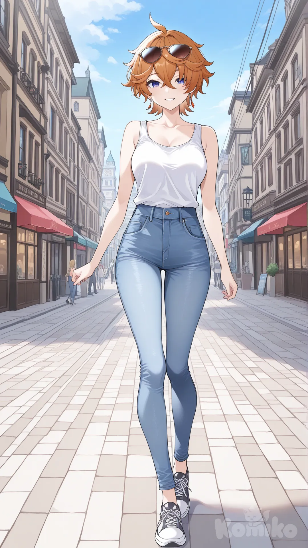 @Tartaglia_(Genshin_Impact) as a woman big sister style

#front view

#full body

#cool post

, white Thin tank top, jeans, running shoes, sun glasses

relax , Taking a stroll, walking on a sidewalk , on a sunnyday , in the shopping sreet in capital city.
