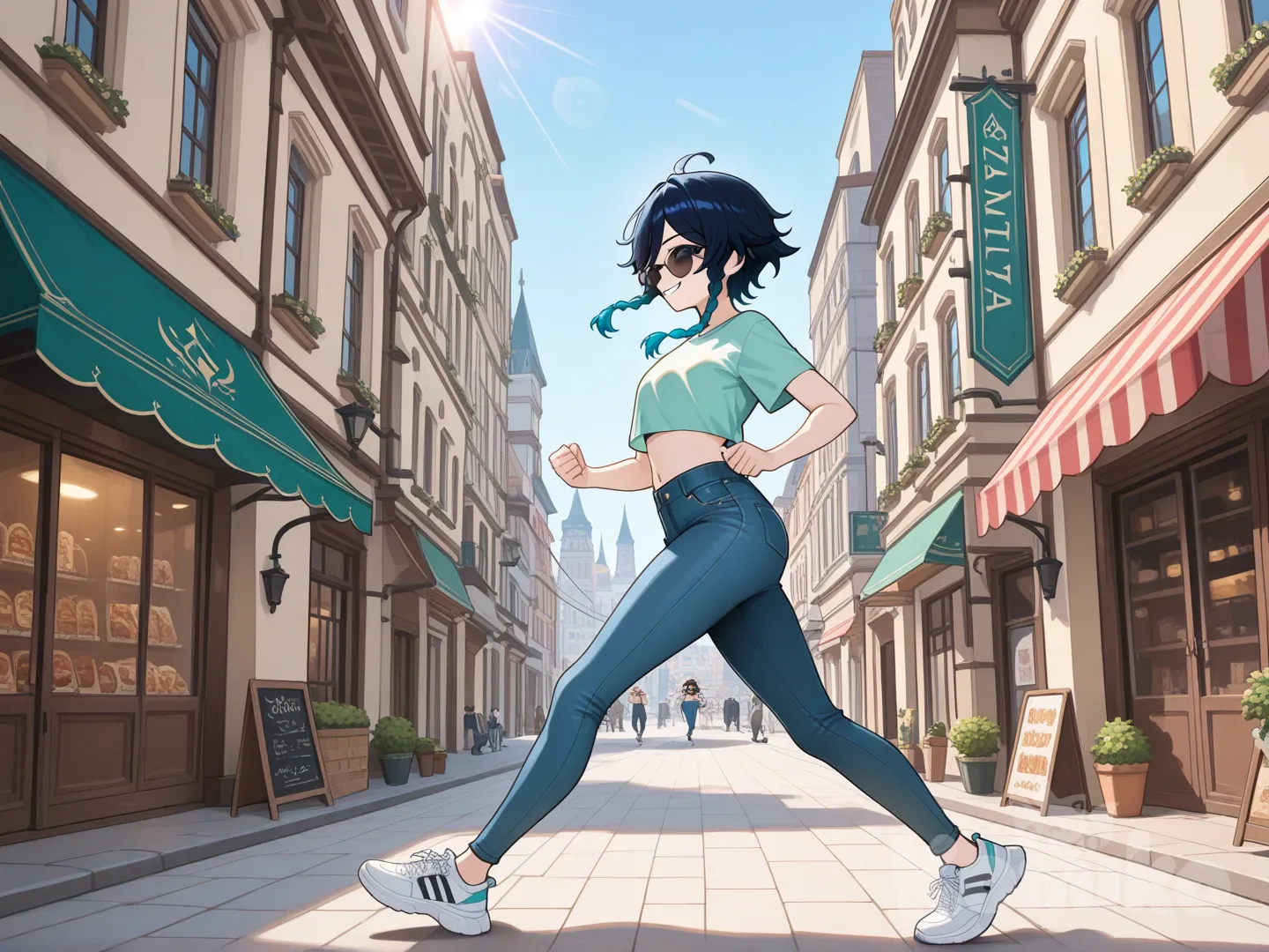 Venti (Genshin Impact) cool big sister style
#looking at viewer #side view # upper body (Focus on the upper body, from the waist up.)
#cool post #funny
, A thin violet crop top., jeans, running shoes, sun glasses
relax , Taking a stroll, walking on a sidewalk , on a sunnyday , in the shopping sreet in capital city.