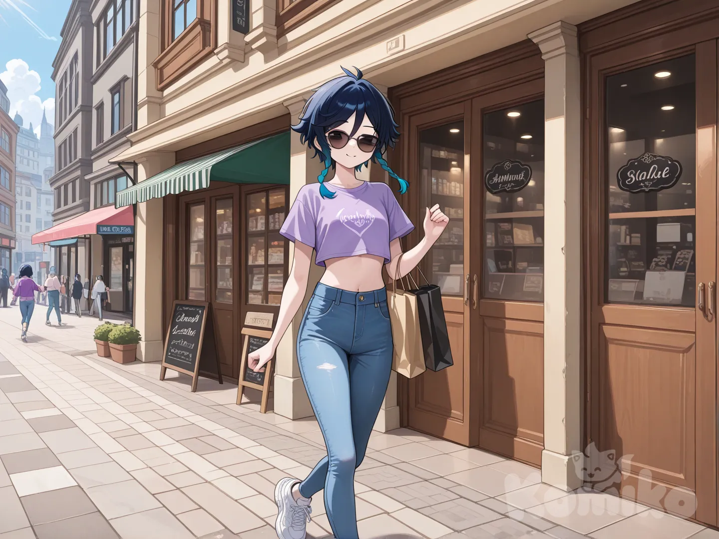 @Venti_(Genshin_Impact) cool big sister style

 #looking at viewer #side view # upper body (Focus on the upper body, from the waist up.)

#cool post #funny

, A thin violet crop top., jeans, running shoes, sun glasses

relax , Taking a stroll, walking on a sidewalk , on a sunnyday , in the shopping sreet in capital city.