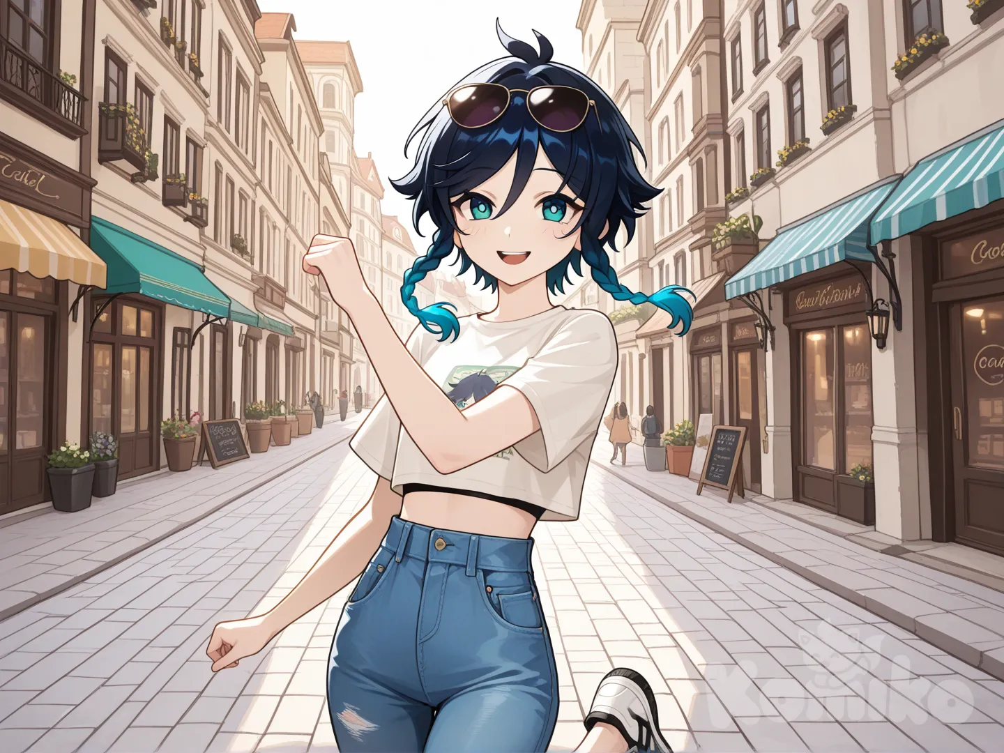 Venti (Genshin Impact) cool big sister style

 #looking at viewer #side view # upper body (Focus on the upper body, from the waist up.)

#cool post #funny

, A thin violet crop top., jeans, running shoes, sun glasses

relax , Taking a stroll, walking on a sidewalk , on a sunnyday , in the shopping sreet in capital city.