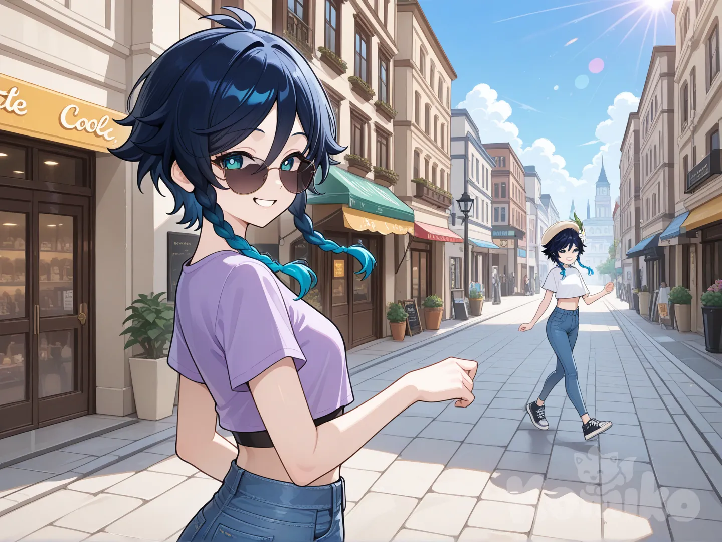 @Venti_(Genshin_Impact) cool big sister style

 #looking at viewer #side view # upper body (Focus on the upper body, from the waist up.)

#cool post #funny

, A thin violet crop top., jeans, running shoes, sun glasses

relax , Taking a stroll, walking on a sidewalk , on a sunnyday , in the shopping sreet in capital city.