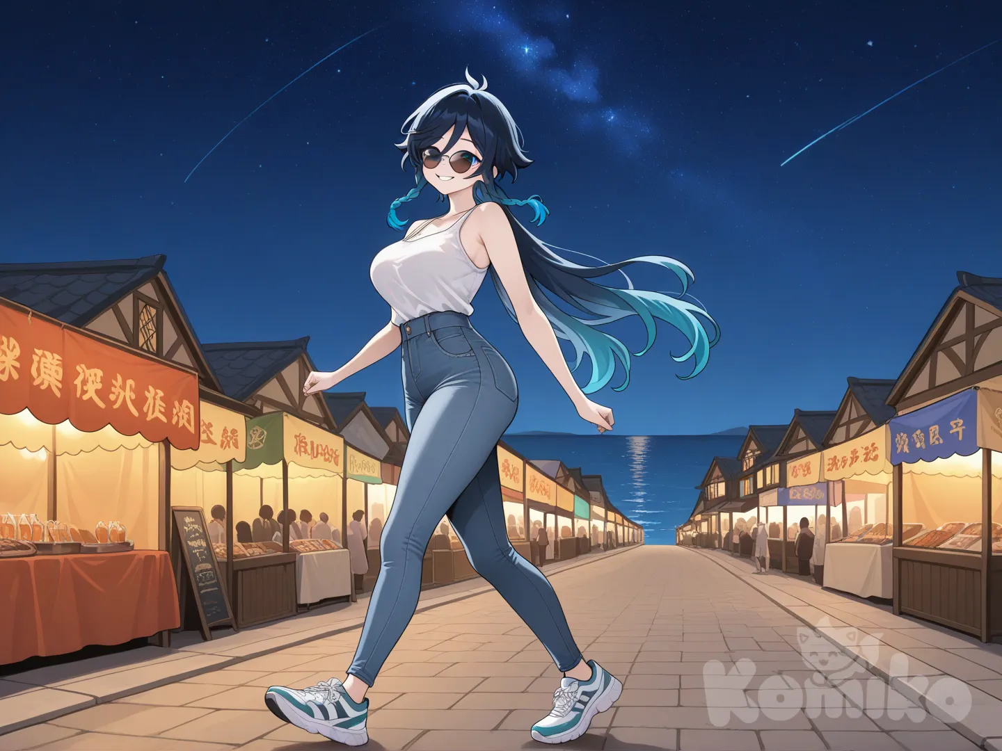 @Venti_(Genshin_Impact) as a woman , Very good figure , longhair

#big sister style , Very good figure , 

#side view 

 # upper body (Focus on the upper body, from the waist up.)

#looking at viewer #full body#, up view , #full body ,from above , day , funny , relaxed, anime style , 

#cool post

, white Thin tank top, jeans, running shoes, sun glasses

relax , Taking a stroll, walking on a sidewalk , on a midnight sunnyday , in the sreet in night market , It has a view of the sea and beach as a backdrop