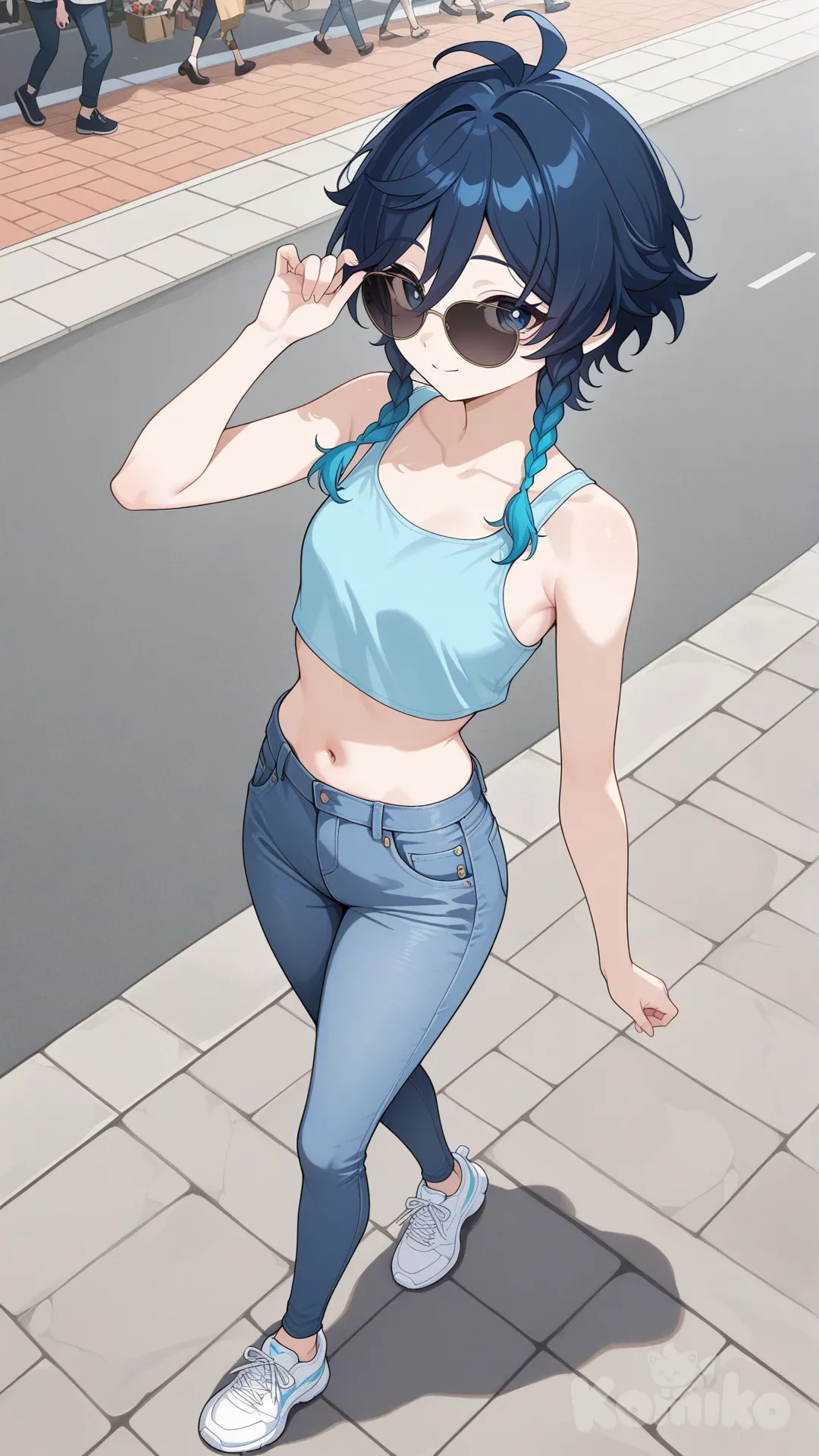 Venti (Genshin Impact) as a woman (big cool sister) 

#big sister style 

#side view 

#looking at viewer #full body#, up view , #full body ,from above , day , funny , relaxed, anime style , 

#cool post

,deep sea blue Thin Cropped tank top , jeans , deep sea blue running shoes , sun glasses

relax , Taking a stroll, walking on a sidewalk , on a sunnyday , in the sreet in market , It has a view of the sea and beach as a backdrop