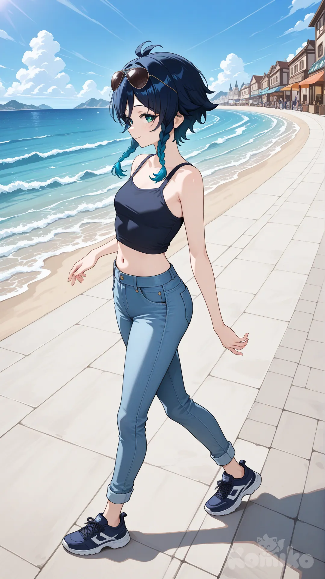 @Venti_(Genshin_Impact) as a woman (big cool sister)
#big sister style
#side view
#looking at viewer #full body#, up view , #full body ,from above , day , funny , relaxed, anime style ,
#cool post
,deep sea blue Thin Cropped tank top , jeans , deep sea blue running shoes , sun glasses
relax , Taking a stroll, walking on a sidewalk , on a sunnyday , in the sreet in market , It has a view of the sea and beach as a backdrop