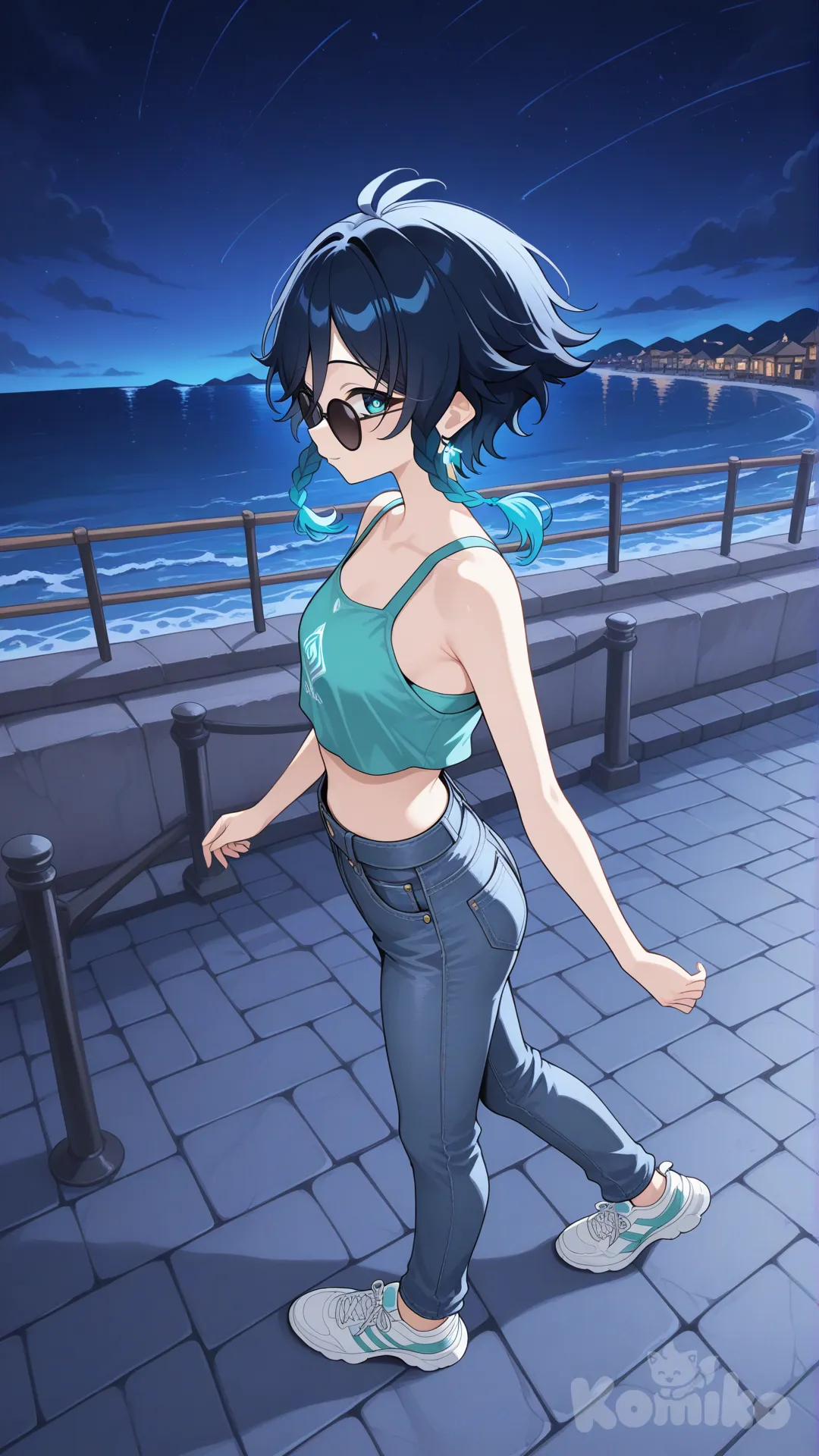 @Venti_(Genshin_Impact) as a woman (big cool sister) 

#big sister style 

#side view 

#looking at viewer #full body#, up view , #full body ,from above , day , funny , relaxed, anime style , 

#cool post

,deep sea blue Thin Cropped tank top , jeans , deep sea blue running shoes , sun glasses

relax , Taking a stroll, walking on a sidewalk , on a midnight sunnyday , in the sreet in night market , It has a view of the sea and beach as a backdrop