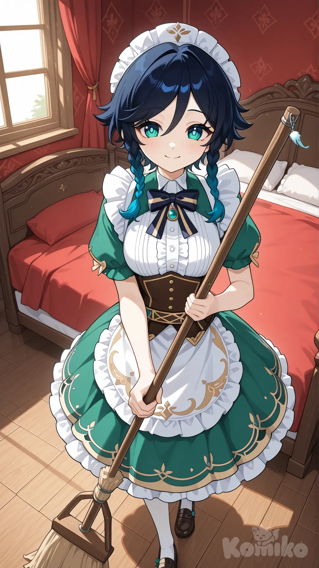 @Venti_(Genshin_Impact) as a woman (big cool sister) #big sister style

#big sister style , good figure , 

#front view 

#looking at viewer #full body#, up view , #full body ,from above , day , funny , relaxed, anime style ,soft green maid uniform

# private bed room in mansion,It's a bedroom for two, featuring only a red bed and a soft, red interior, creating a relaxing and sensual atmosphere and hot. , Decorated with wooden furniture in a gold theme, sunlight streaming through the windows creates a warm atmosphere.

relax , sunnyday , in the bedroom , Clean, sweep the floor, with a cheerful demeanor.