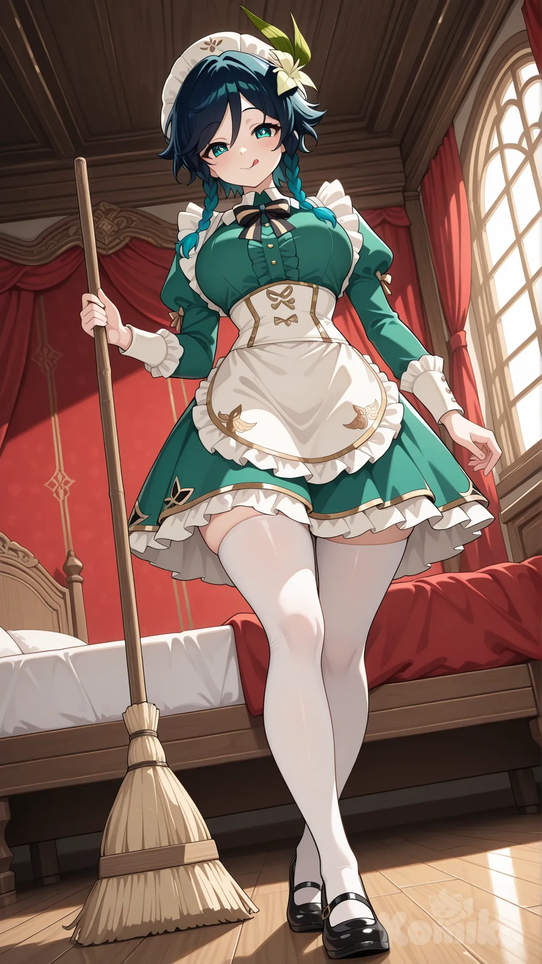 @Venti_(Genshin_Impact) as a woman (big cool sister) #big sister style

#big sister style , good figure , 

#front view 

#looking at viewer #full body#, up view , #full body ,from above , day , funny , relaxed, anime style ,soft green maid uniform

# private bed room in mansion,It's a bedroom for two, featuring only a red bed and a soft, red interior, creating a relaxing and sensual atmosphere and hot. , Decorated with wooden furniture in a gold theme, sunlight streaming through the windows creates a warm atmosphere.

relax , sunnyday , in the bedroom , Clean, sweep the floor, with a cheerful demeanor.