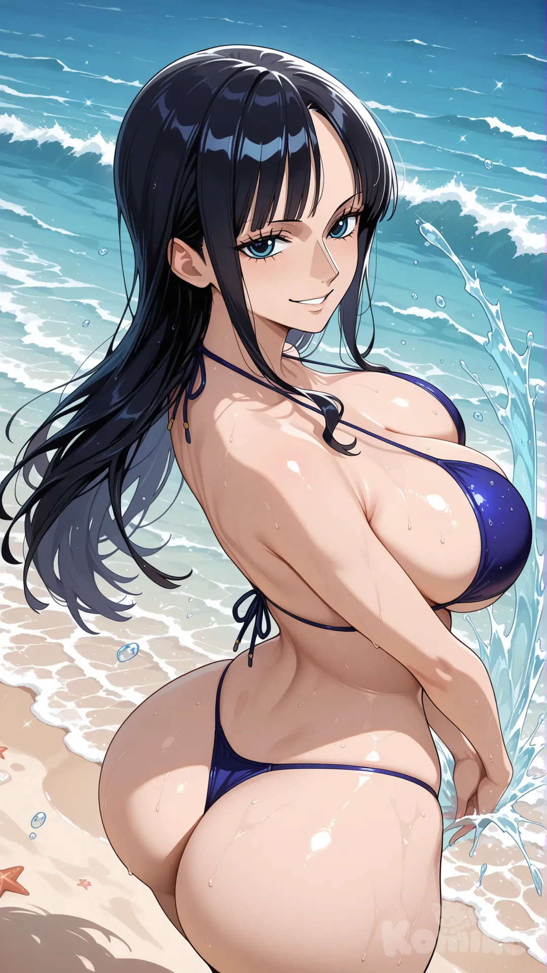 Nico Robin 

#milf

#waifu

#big sister style , good figure , 

#side view 

 # upper body (Focus on the upper body, from the waist up.)

#looking at viewer #full body#, up view , #full body ,from above , day , funny , relaxed, anime style , 

#playing water post 

, darkblue swimming suite bikini Gstring

relax , Taking a stroll, play water on a beach , splash , in a sunnyday , in the beach , It has a view of the sea and beach as a backdrop