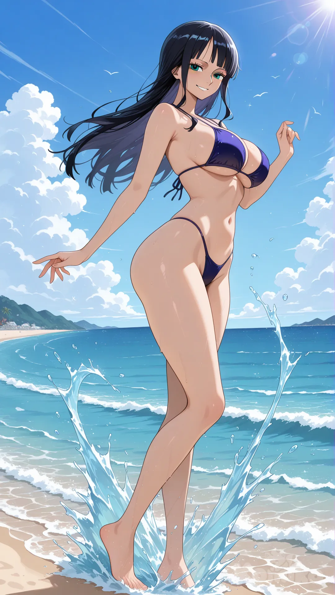 It has a view of the sea and beach as a backdrop