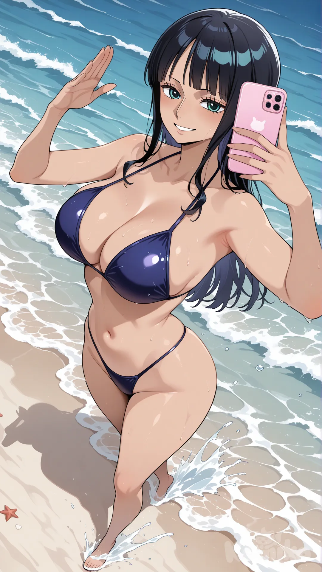 It has a view of the sea and beach as a backdrop