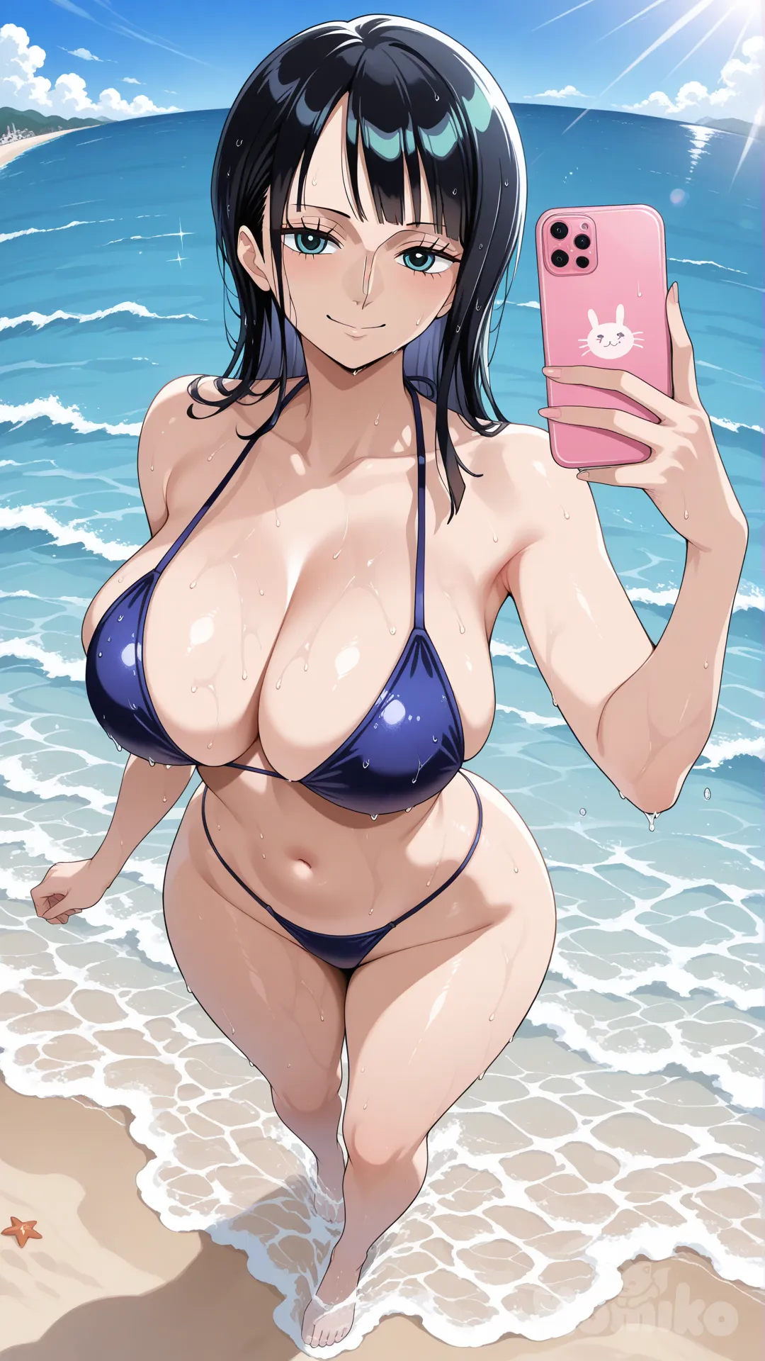 It has a view of the sea and beach as a backdrop