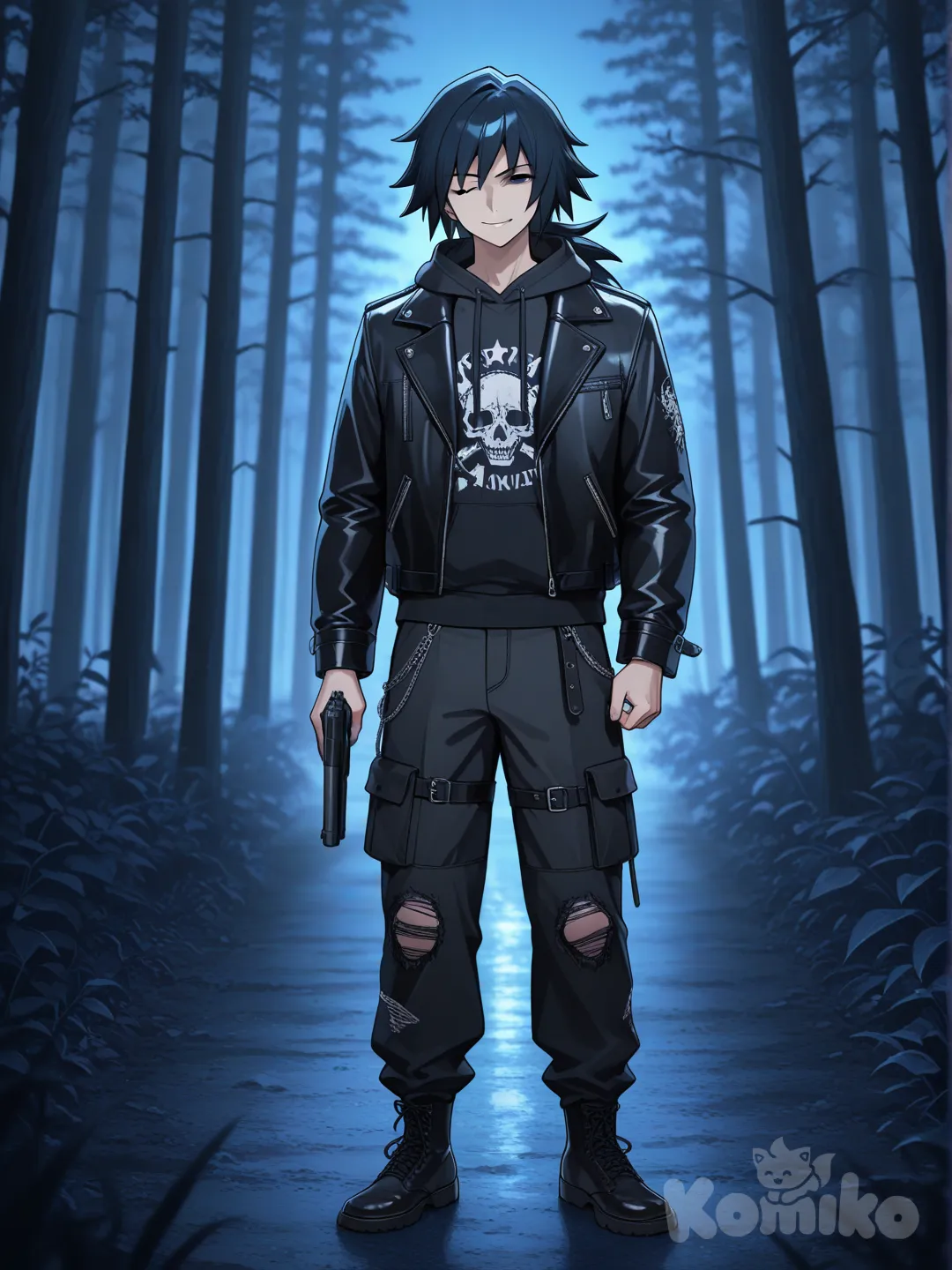@Tomioka_Giyuu, holding gun, hoodie, one eye closed, evil smile, punk leather jacket, cargo pants, full body, looking at viewer, blurred background, night, forest