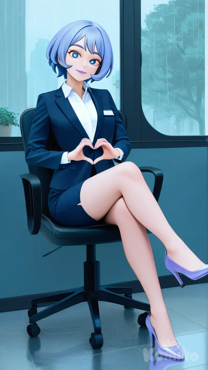 brown skin , light purple lips, dreadlocks, open clevage office lady, light purple high heels , 1girl, full body, rainy, heart hands, head tilt, sitting in a with one leg crossed over the other, Hadou Nejire