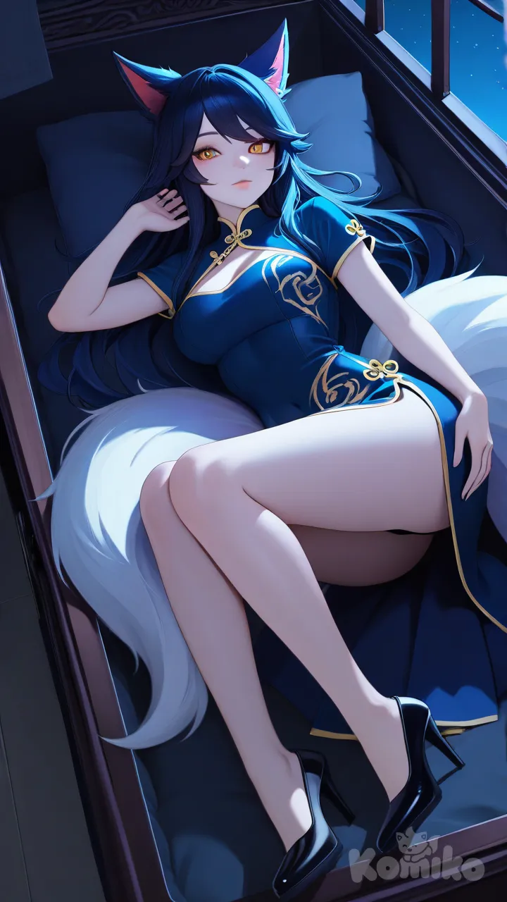 1girl, anime coloring, lie on stomache, china dress, Ahri (League Of Legends), straight bangs, charcoal black, full body, night, funeral lying inside a casket , rainy high heels